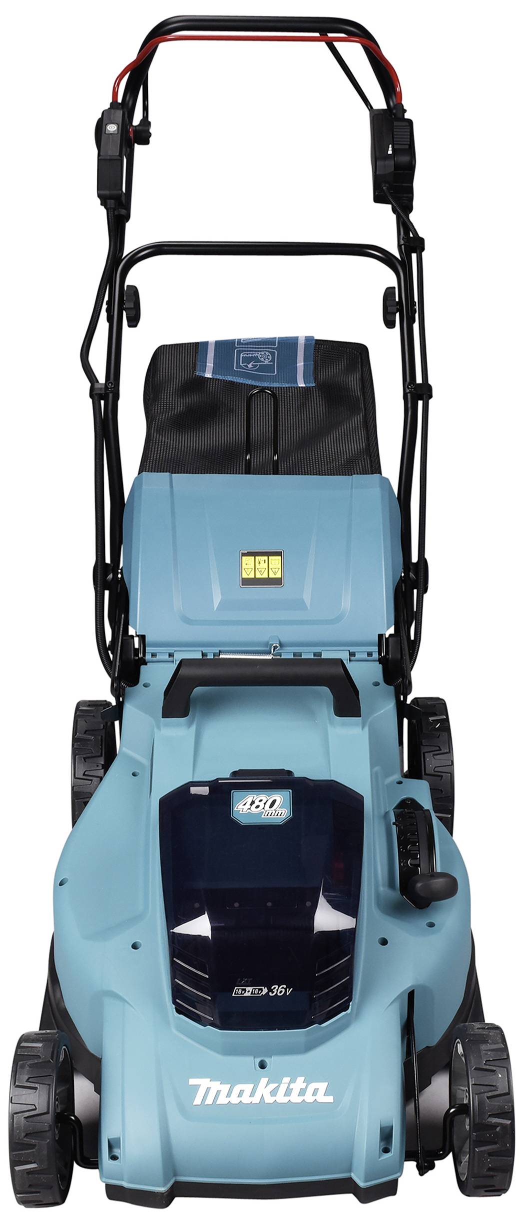 Rasenmäher in blauer Farbe mit 'Makita'-Logo, schwarzem Griff und großen Rädern, geeignet für mittelgroße bis große Flächen.