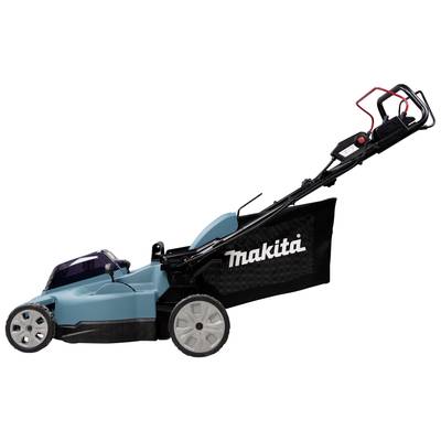 Elektrischer Rasenmäher in Blau mit schwarzem Fangsack und rotem Griff; seitlicher Profilblick; Markenname 'Makita' auf dem Fangsack.