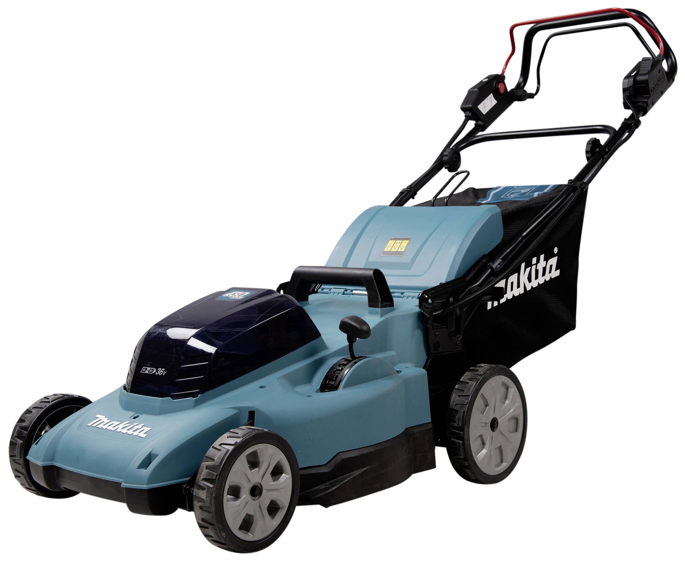 Ein blauer elektrischer Rasenmäher mit schwarzem Griff und Fangkorb, auf dem 'Makita' steht. Der Mäher steht auf glattem Boden.