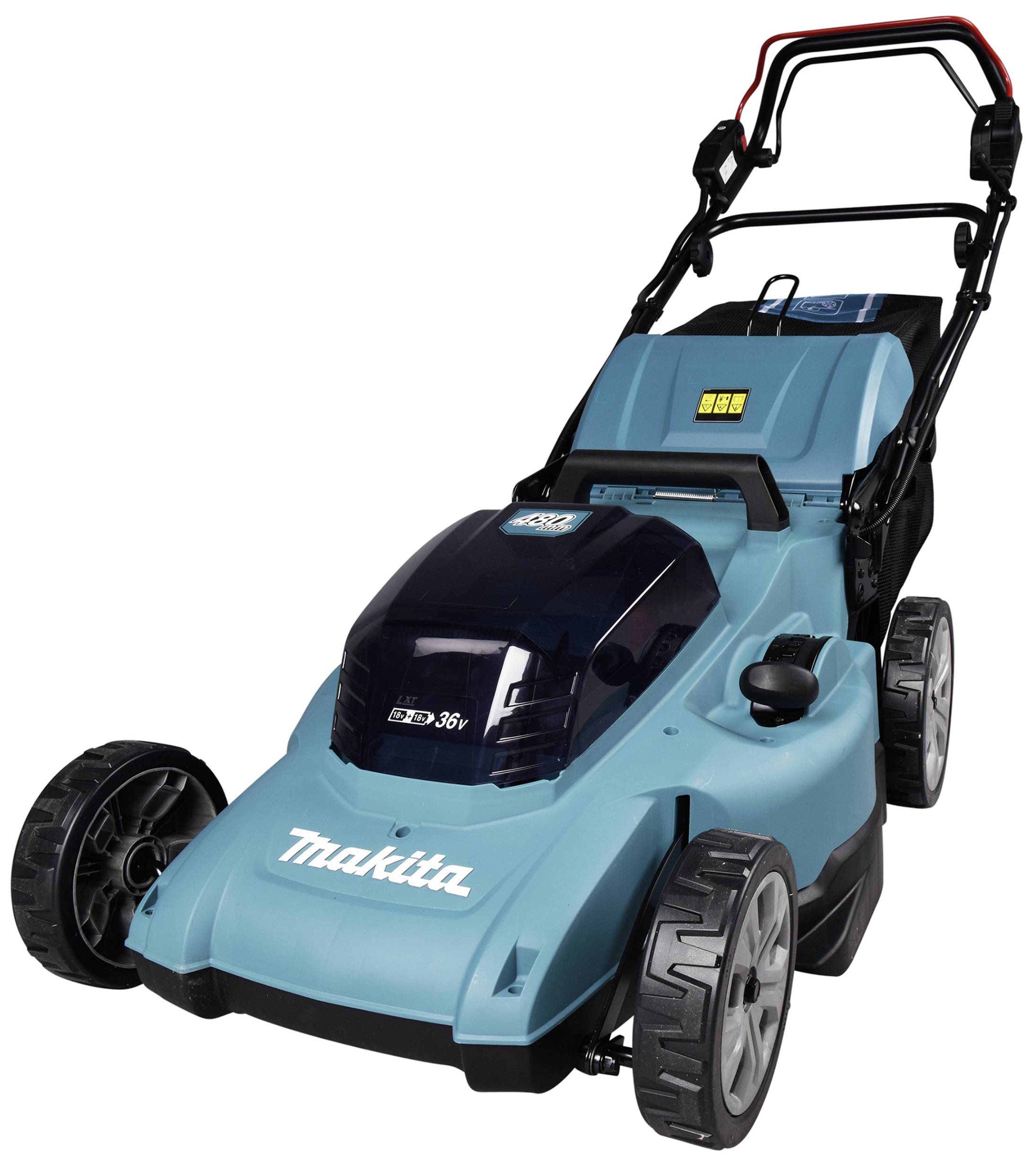 Ein blauer Rasenmäher der Marke 'Makita' mit großen Rädern und einem schwarzen Griff, stehend auf einem neutralen Hintergrund.