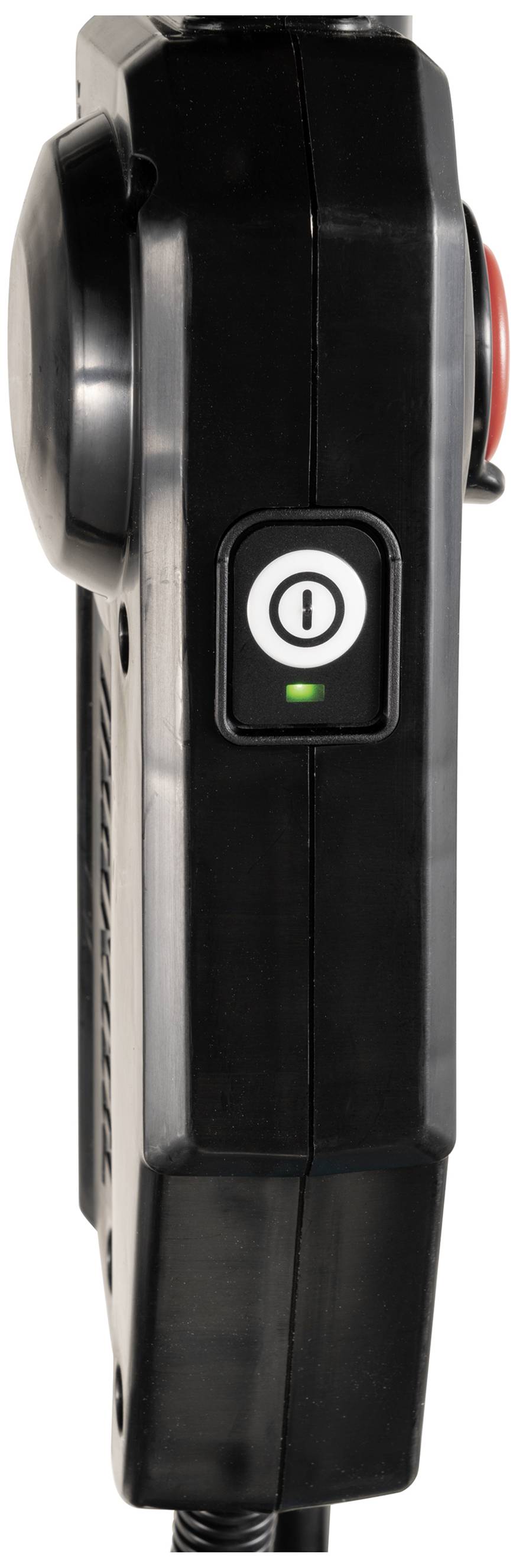 Schwarzes, seitliches Handgerät mit zentralem Ein-/Ausschaltknopf und rotem Knopf oben, möglicherweise ein Steuergerät.