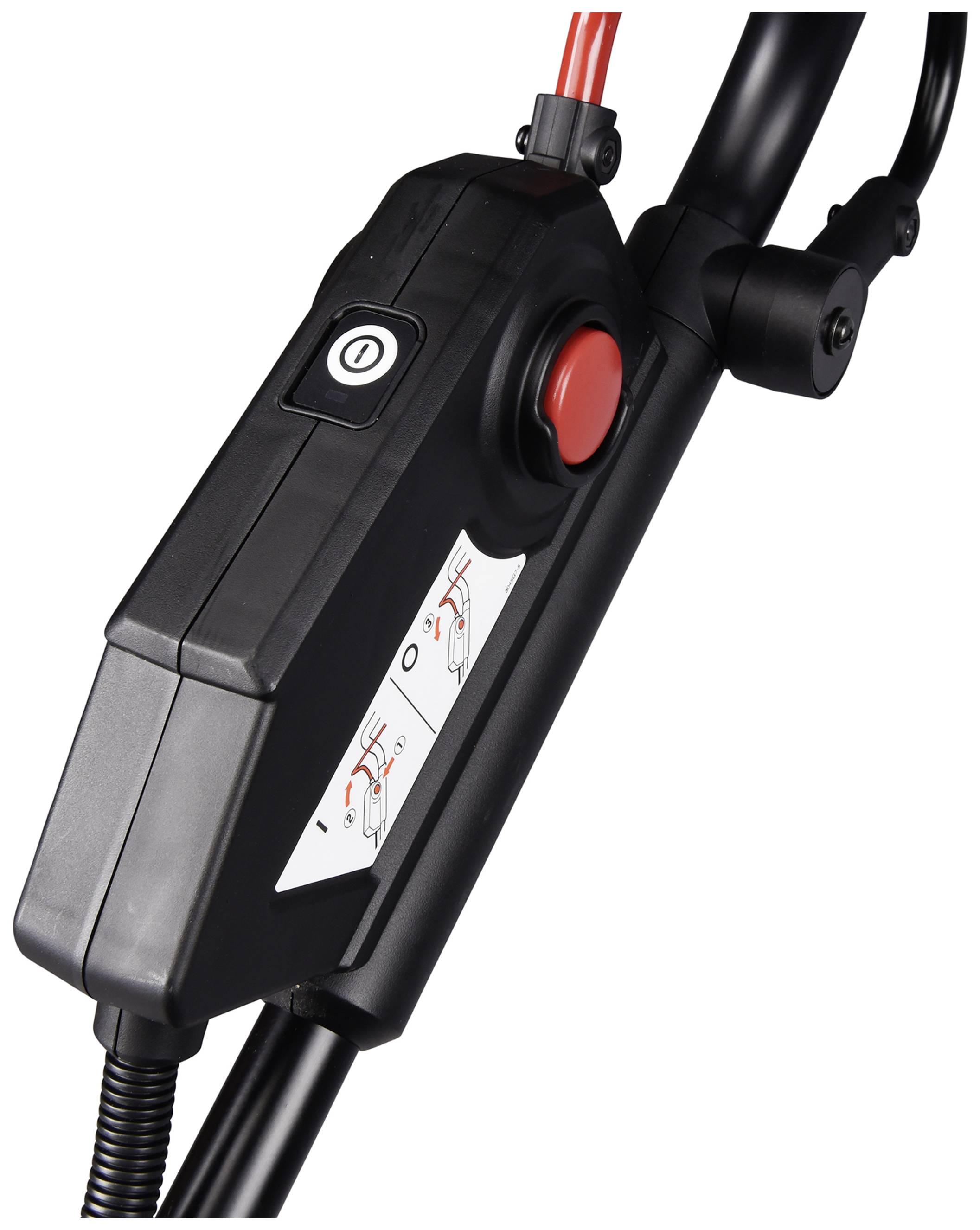 Nahaufnahme einer Steuereinheit mit Ein- und Aus-Schalter und Bedienungselementen, mit einer Bedienungsanleitung darunter angezeigt.