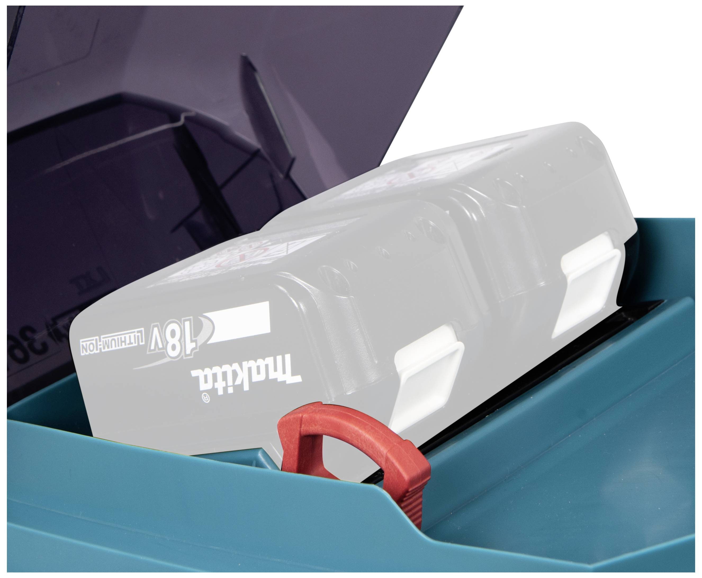 '18V Makita Akku in einem blauen Koffer, teilweise verdeckt. Ein roter Griff ist sichtbar. Akku ist für Handwerkzeuge konzipiert.'