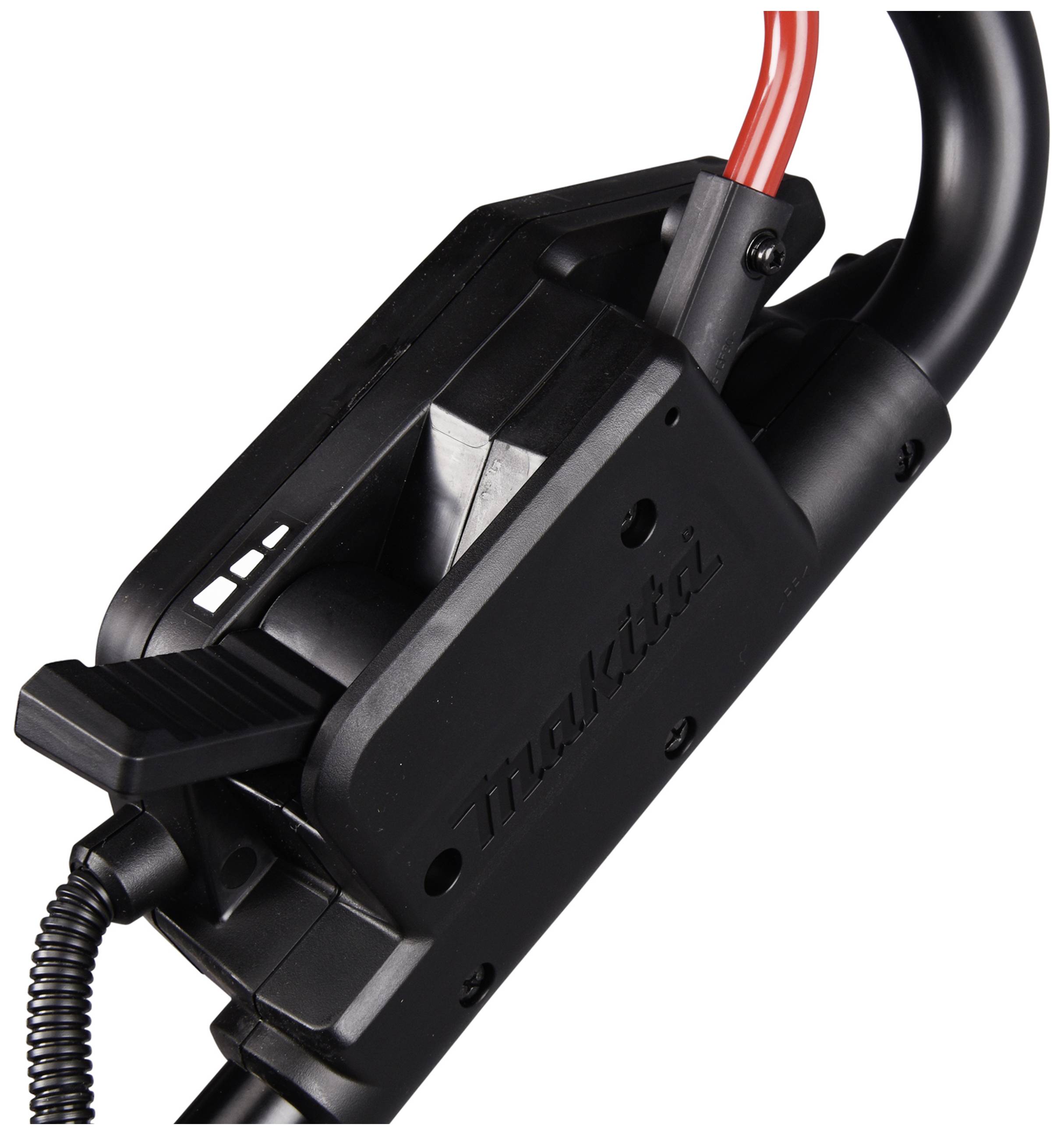 Nahaufnahme eines schwarzen elektrischen Handwerkzeugs mit rotem Kabel und Hebelmechanismus, zeigt Marke und Funktionselemente.