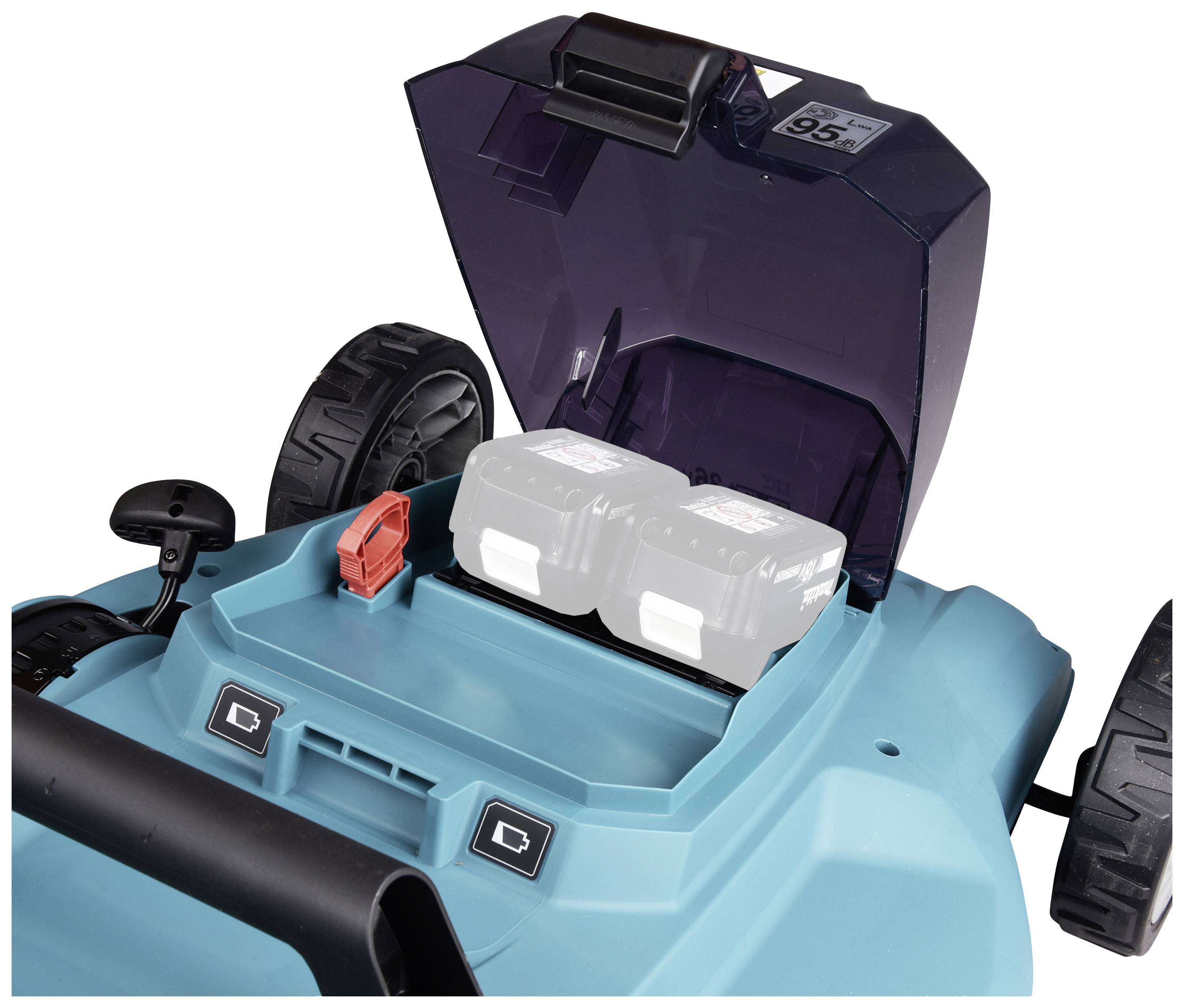 Elektrischer Rasenmäher mit geöffnetem Batteriefach. Zwei Batterien sind sichtbar, eine rote Sicherheitsvorrichtung ist links.