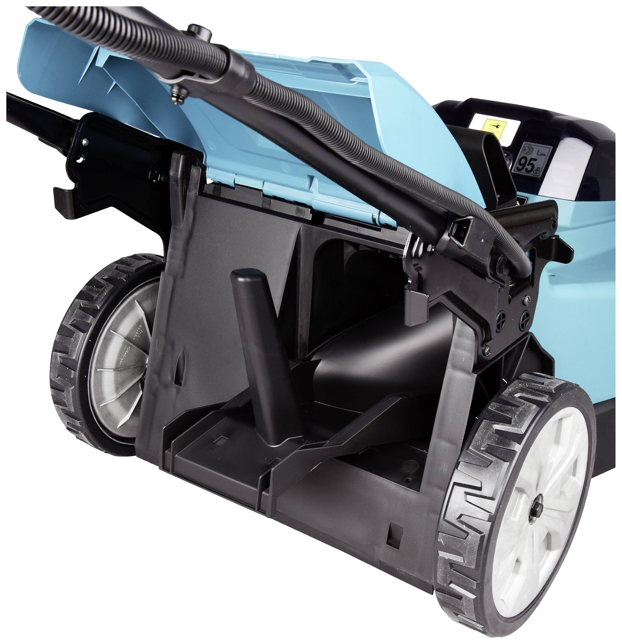 Ein elektrischer Häcksler mit offenem Gehäuse und sichtbarer Walzentechnik, bereit zum Zerkleinern von Gartenabfällen.