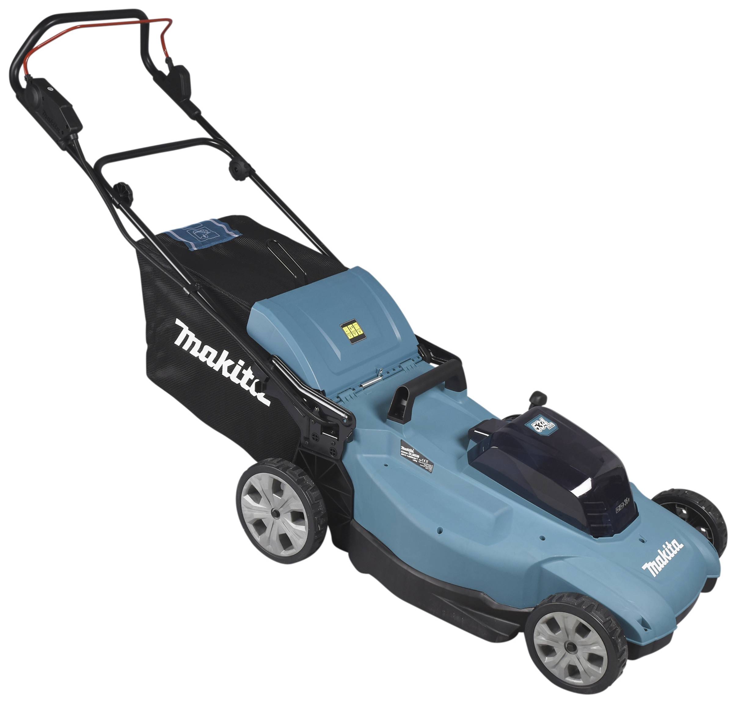 Elektrischer Rasenmäher in Blau mit schwarzem Griff und Rädern, Marke 'Makita'. Geeignet für mittelgroße Gärten.