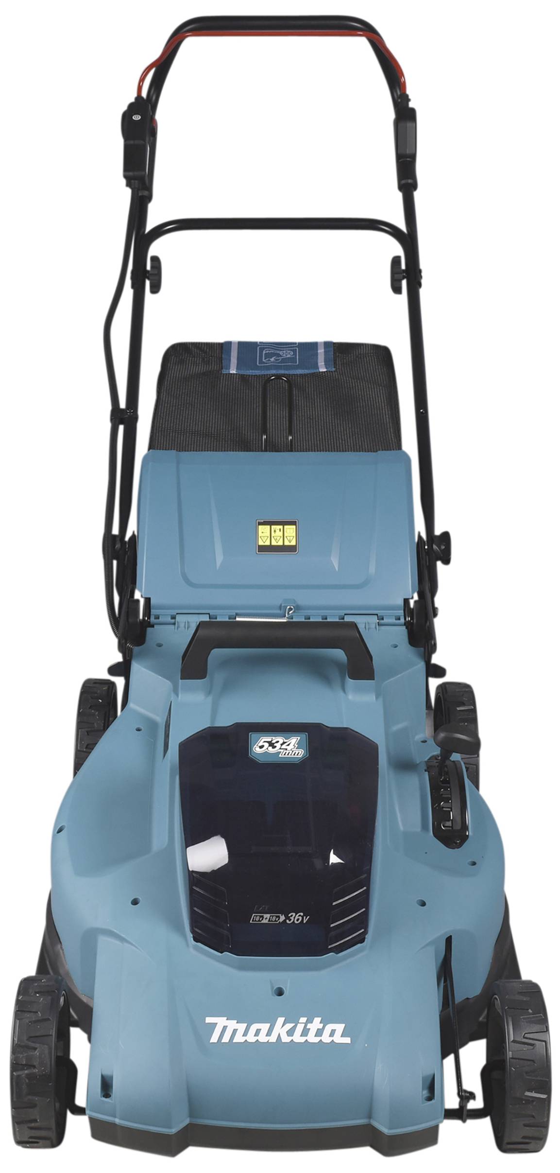 Ein blauer Rasenmäher von Makita, stehend auf Rädern, mit einer schwarzen Griffstange und einem schwarzen Fangkorb hinten.