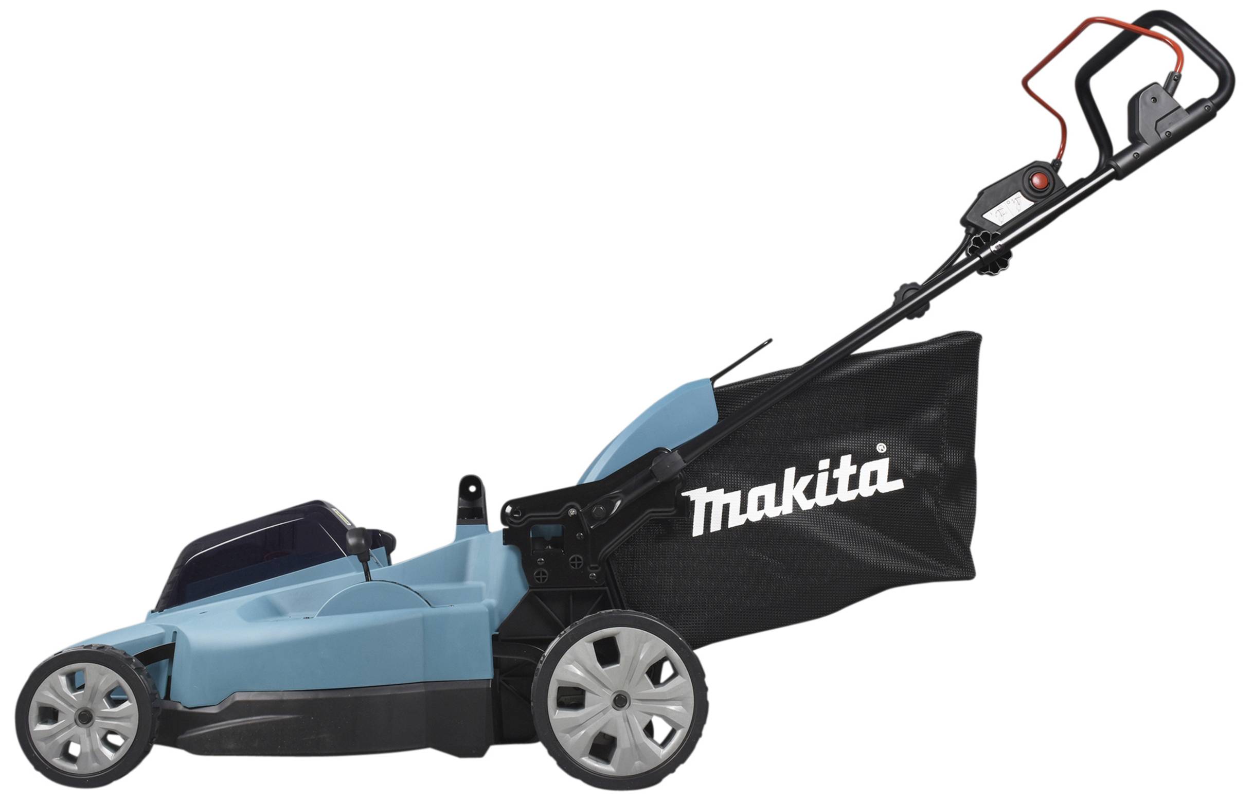 Elektrischer Rasenmäher mit blauem Gehäuse und schwarzem Fangsack, seitlicher Blick. Markenname 'Makita' auf dem Fangsack sichtbar.