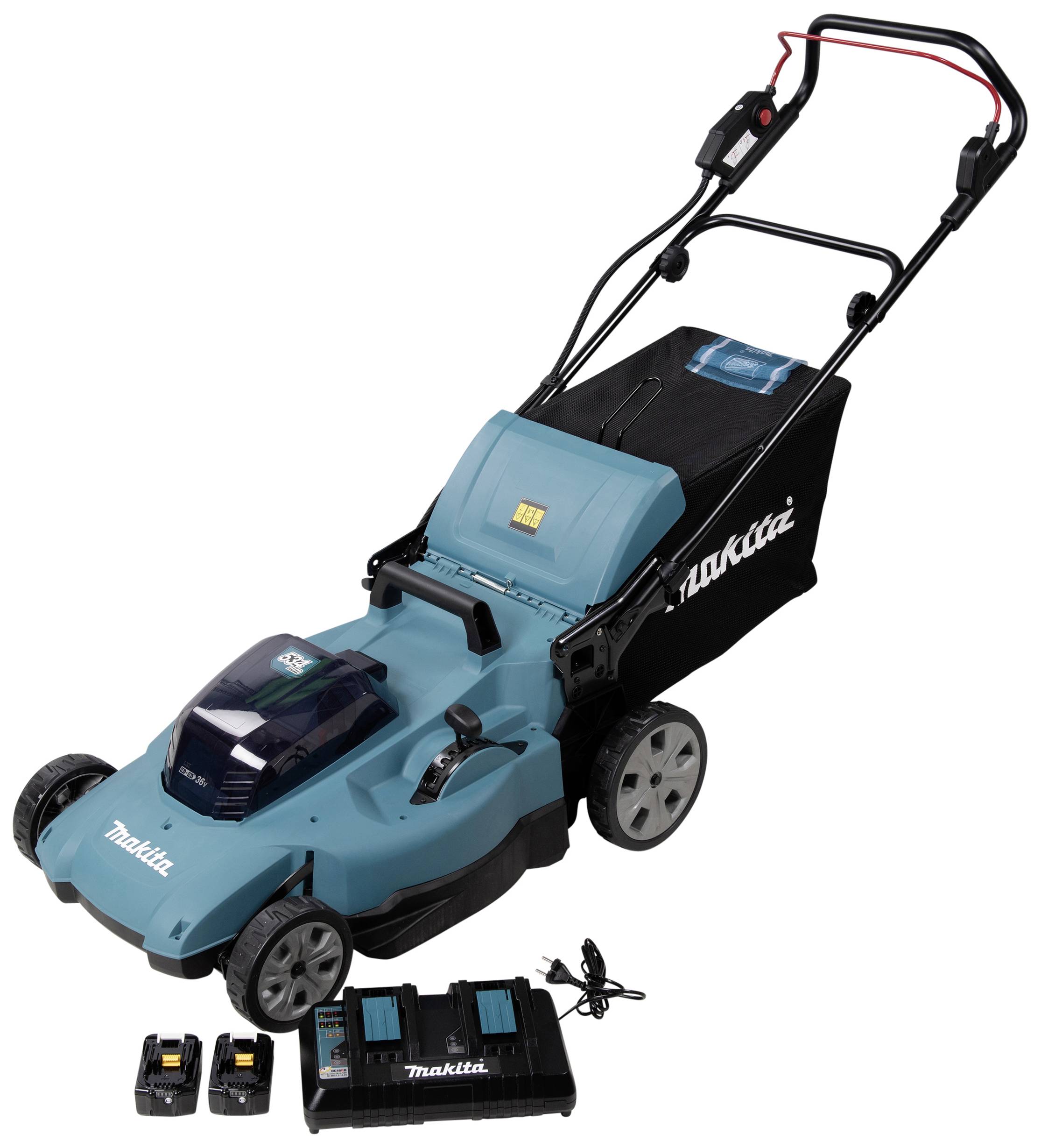 Elektrischer Rasenmäher in Blau mit zwei Akkus und Ladegerät. Geeignet für kleine bis mittelgroße Gärten.