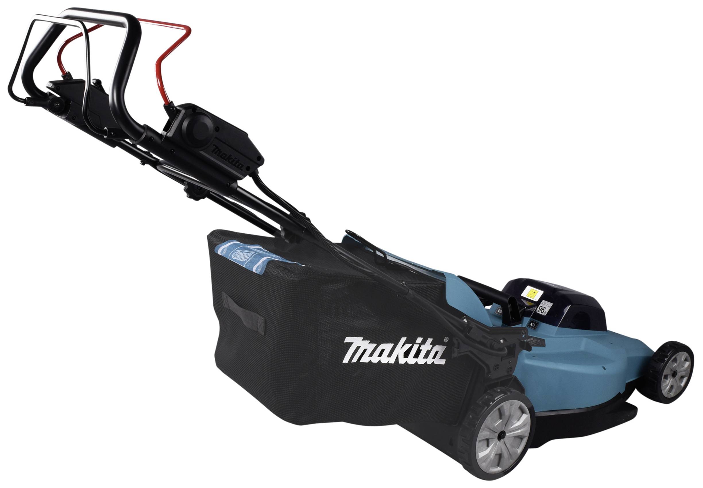 Ein blauer, elektrischer Rasenmäher von Makita mit schwarzen Griffen und Rädern.