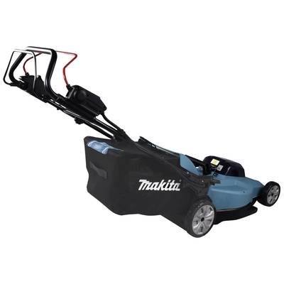 Ein blauer, elektrischer Rasenmäher von Makita mit schwarzen Griffen und Rädern.