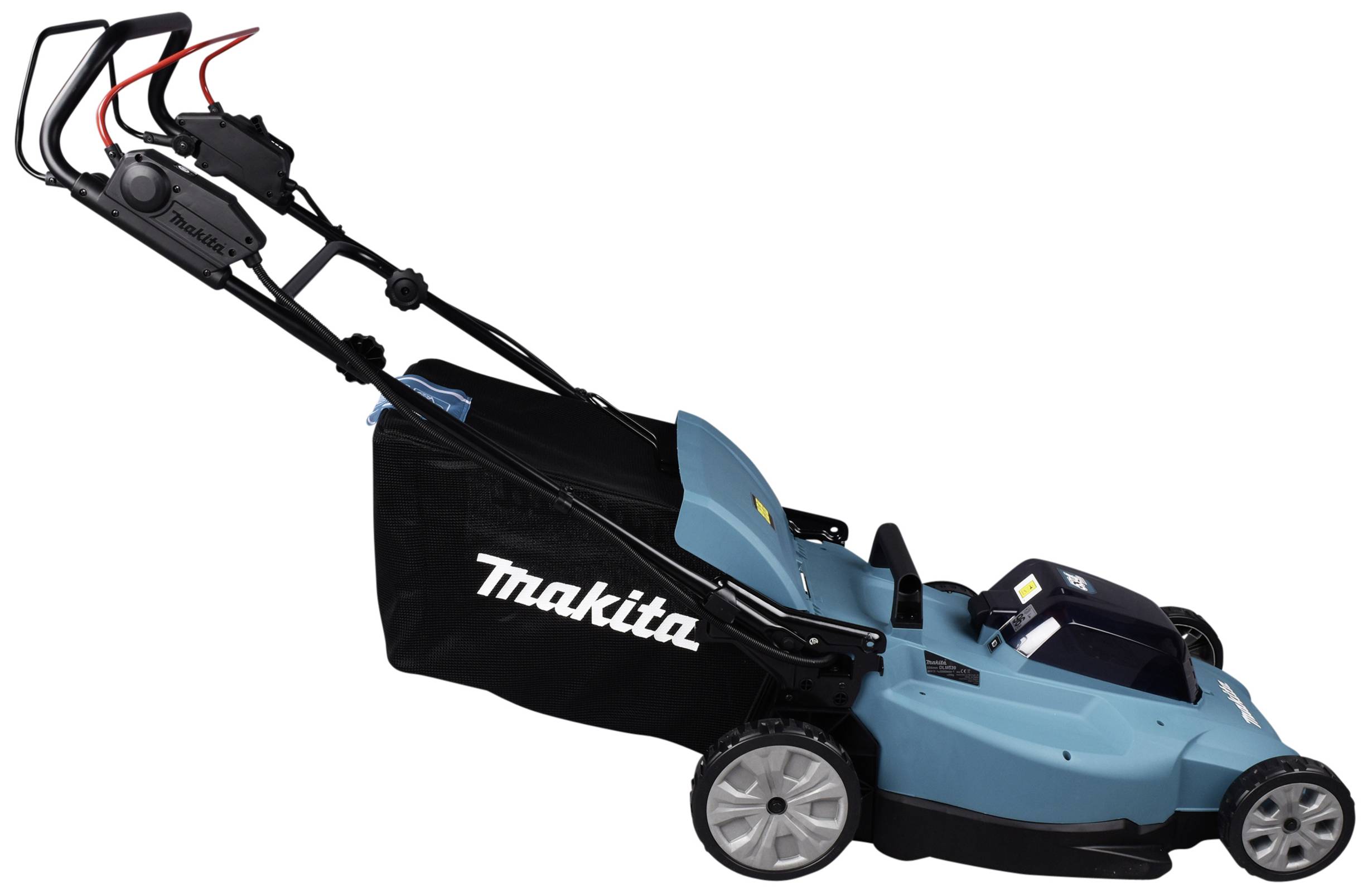 'Makita' Rasenmäher in seitlicher Ansicht mit blauem Gehäuse, schwarzem Grasfangkorb und schwarzen Griffen.