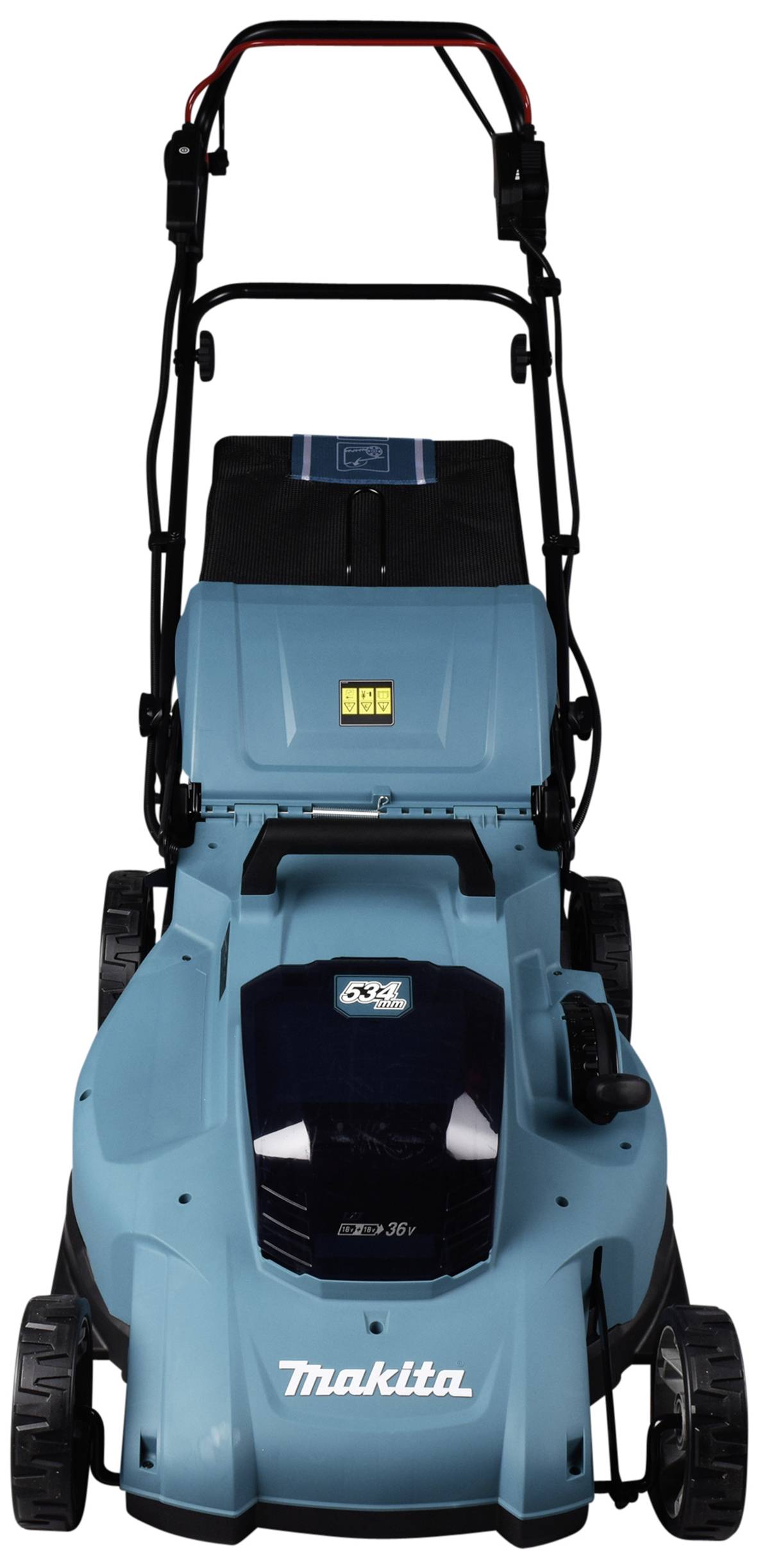 Rasenmäher von oben, Marke Makita, Farbe Blau mit schwarzen Griffen, vier Rädern und einem Fach für Grasaufnahme hinten.