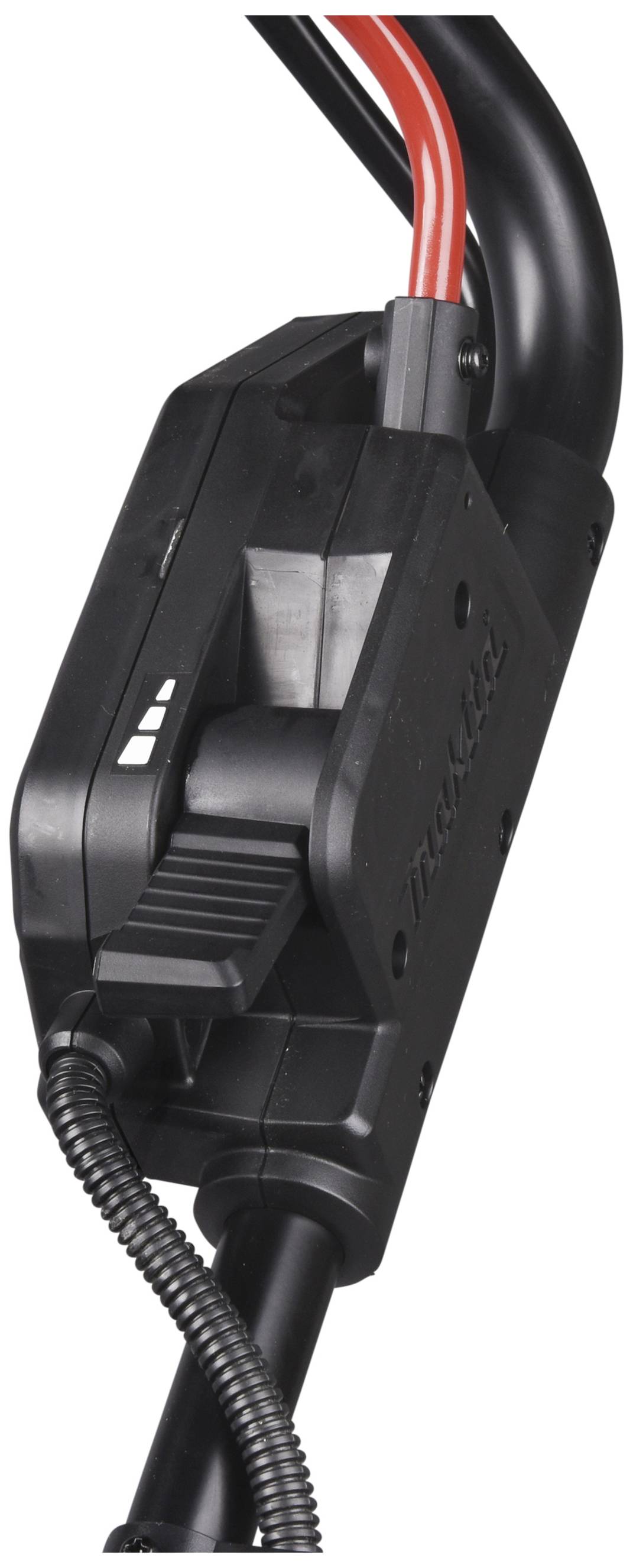 Nahaufnahme eines schwarzen elektrischen Kabels mit einem Schalter, möglicherweise Teil eines elektrischen Werkzeugs oder Geräts.