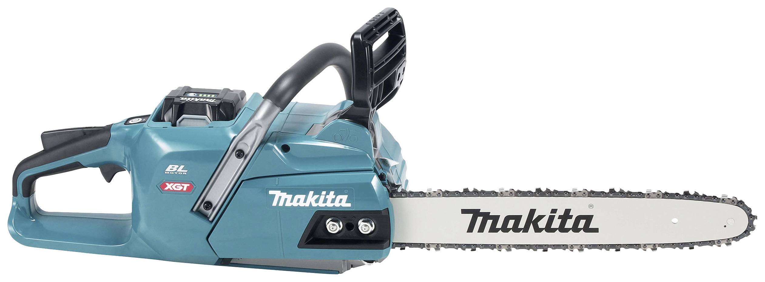 Eine blaue Kettensäge der Marke Makita, Modell XGT, mit einem ergonomischen Griff und einem langen Sägeblatt.