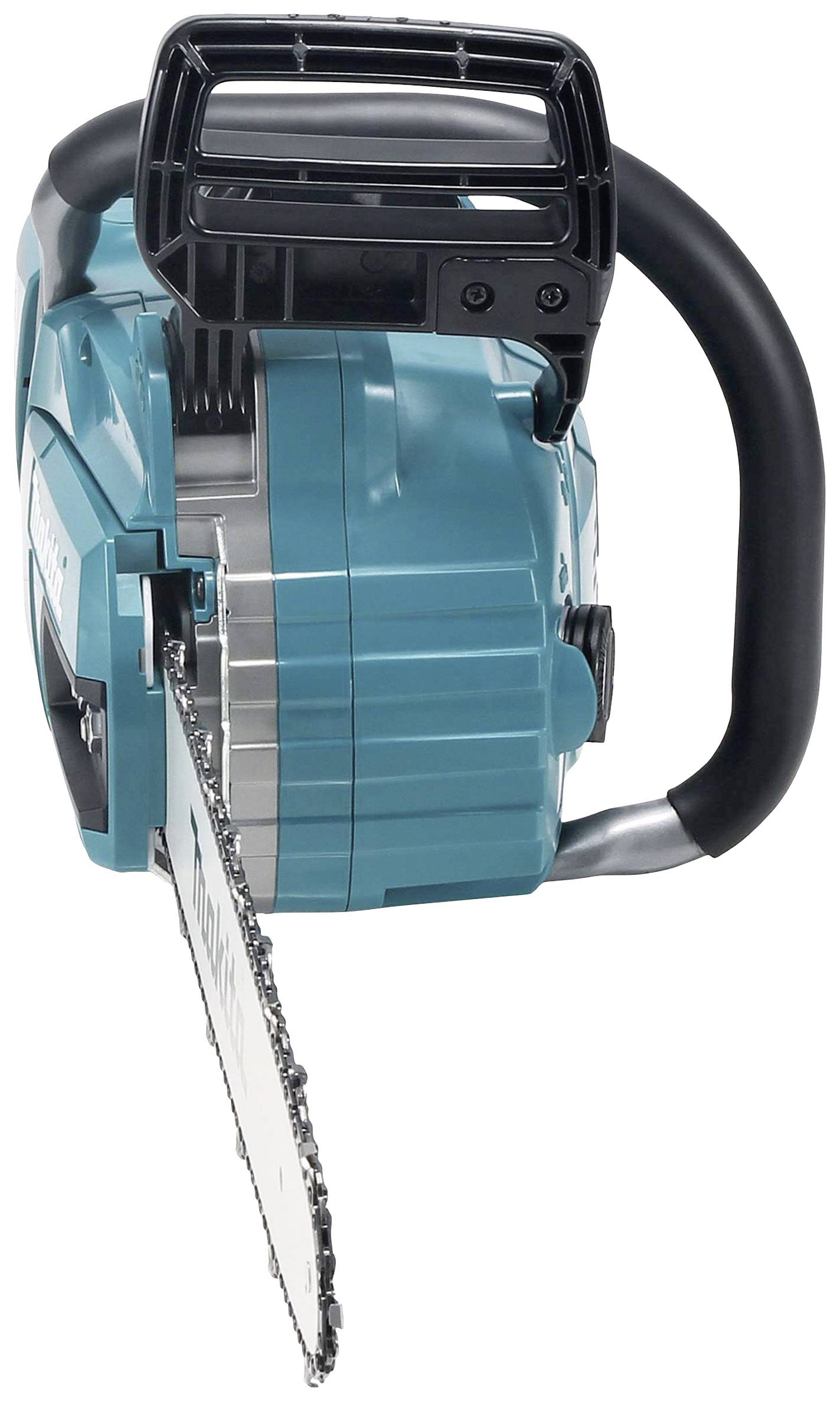 Eine blaue elektrische Kettensäge mit einem schwarzen Griff, frontal fotografiert, zeigt die Kette und das Kettenrad.