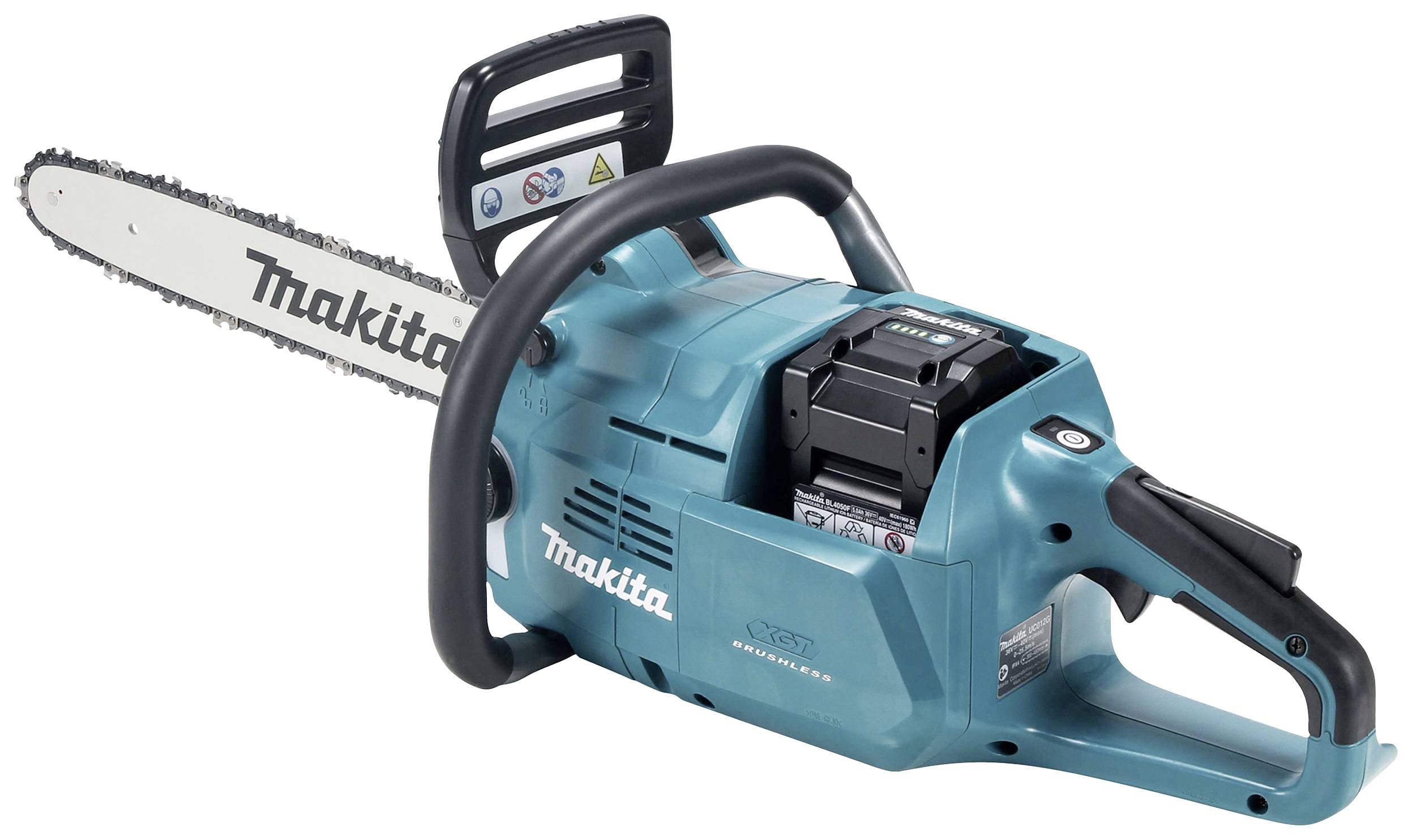 Eine blaue elektrische Kettensäge der Marke Makita, seitlich angezeigt. Geeignet für Holzschnitttätigkeiten im Garten oder Wald.