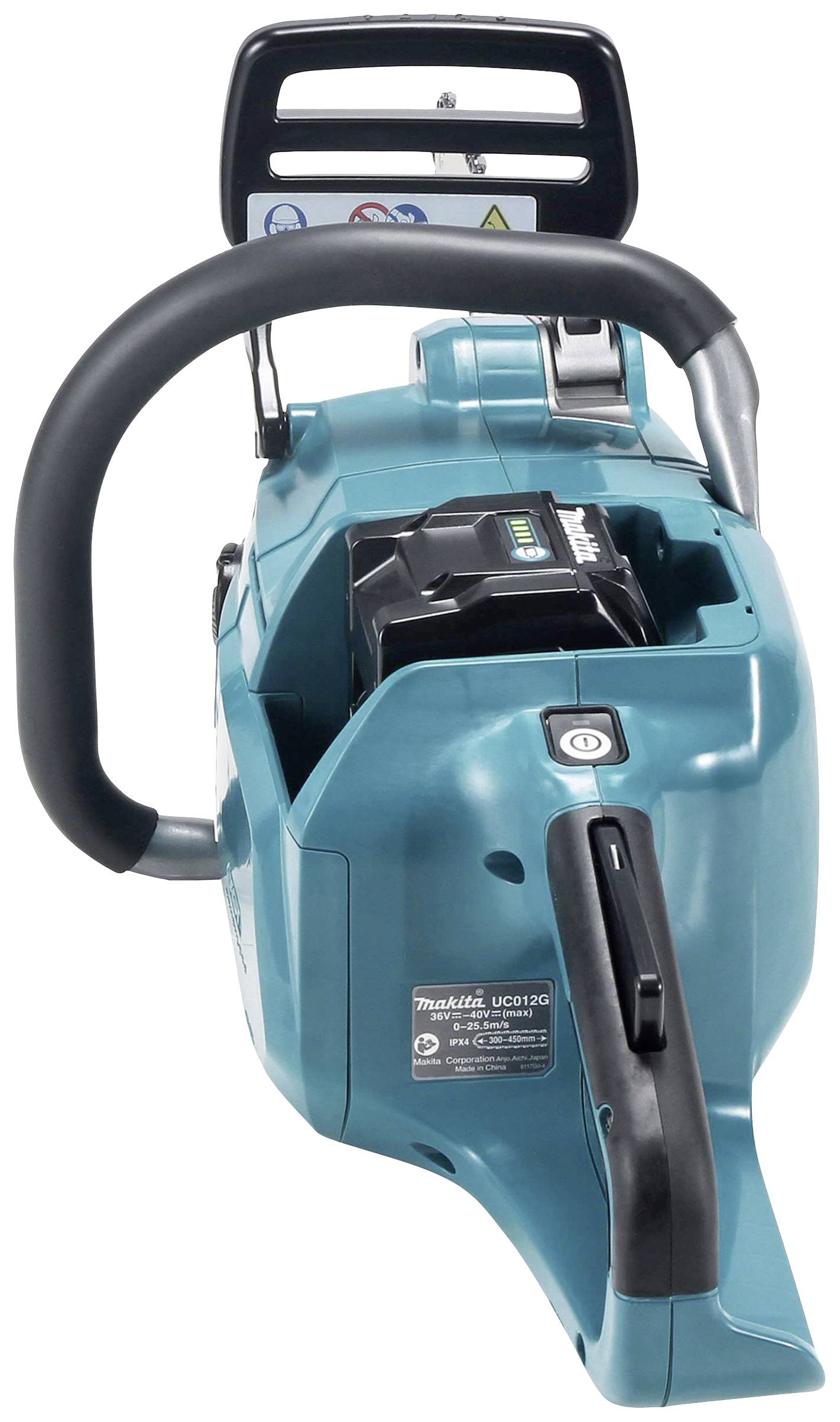 Akkubetriebene Kettensäge von hinten, Marke sichtbar. Dunkelblaues Gehäuse mit schwarzem Griff, Batteriefach offen, kein Schwert angebracht.