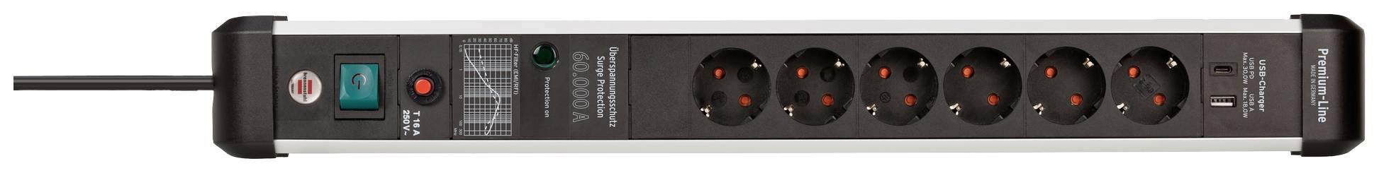 Eine schwarze Steckdosenleiste mit acht Steckplätzen und einem grünen Ein-/Ausschalter. Rechts ist ein USB-Anschluss zu sehen.