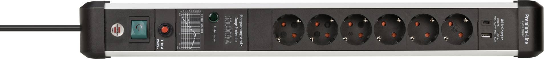 Mehrfachsteckdose mit sechs Steckplätzen und zwei USB-Anschlüssen; schwarzes Design mit Kippschalter.