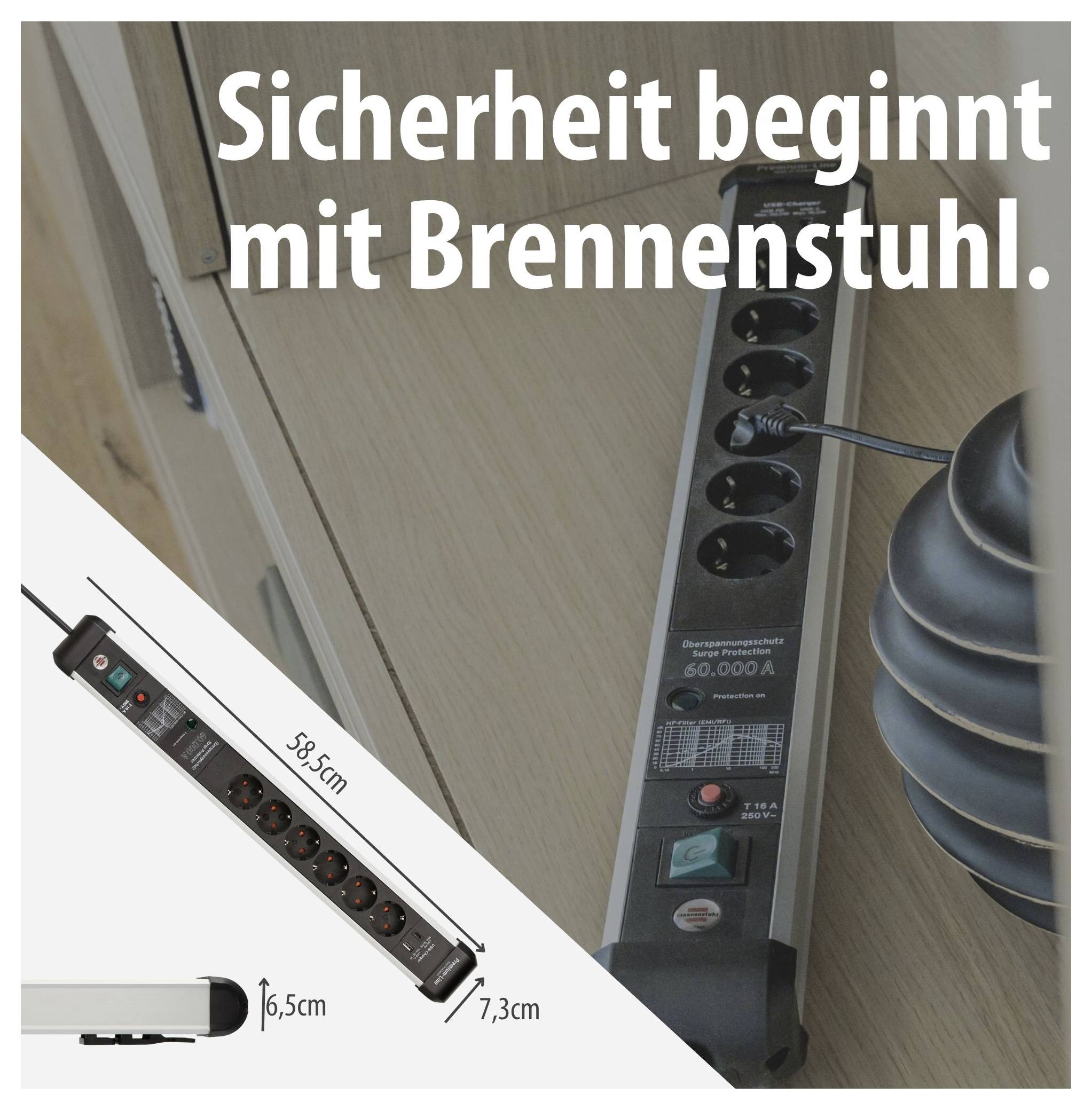Werbeabbildung einer schwarzen Brennenstuhl-Steckdosenleiste mit Schalter und Kindersicherung; Text: 'Sicherheit beginnt mit Brennenstuhl.'<br>