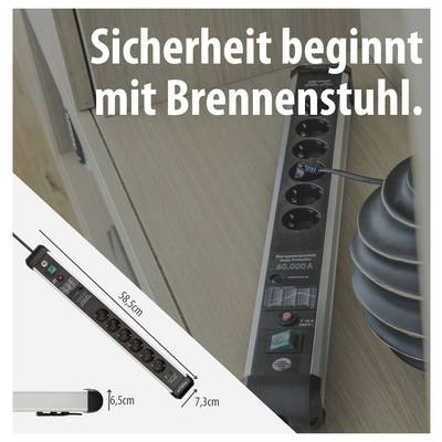 Werbeabbildung einer schwarzen Brennenstuhl-Steckdosenleiste mit Schalter und Kindersicherung; Text: 'Sicherheit beginnt mit Brennenstuhl.'<br>