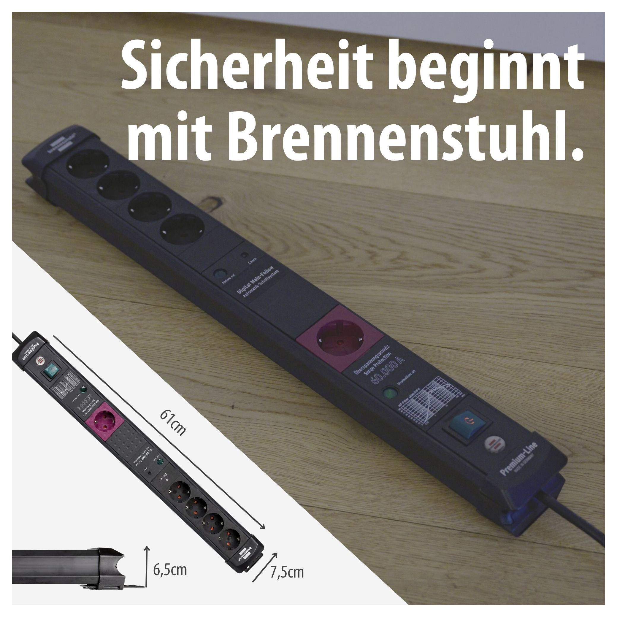 Brennstuhl-Steckdosenleiste auf Holztisch mit Text 'Sicherheit beginnt mit Brennstuhl.' und Maßangaben 61 cm, 6,5 cm, 7,5 cm.
