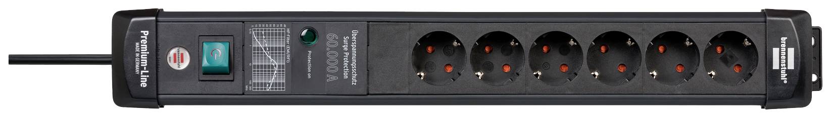 Mehrfachsteckdose mit sechs Steckplätzen und einem Hauptschalter. Schwarz gefärbt, geeignet für Haushalts- oder Bürogebrauch.