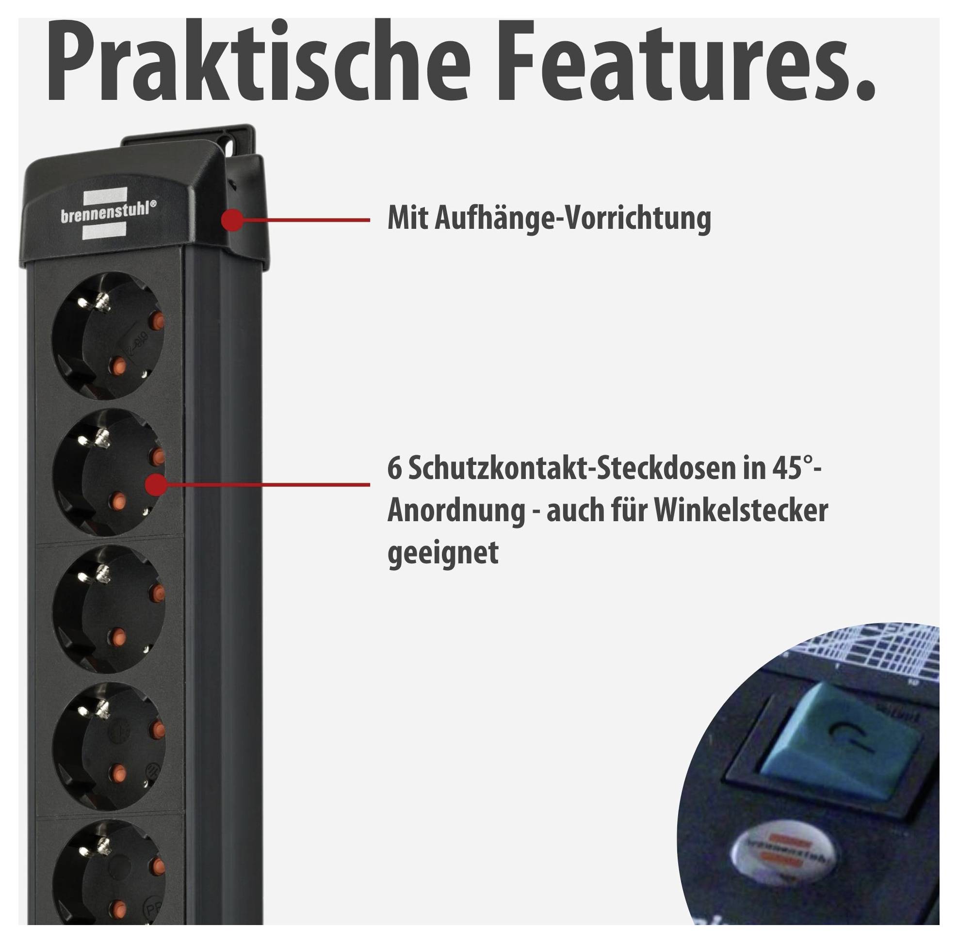 Werbung für eine schwarze Steckdosenleiste mit 6 Schutzkontakt-Steckdosen in 45°-Anordnung und Aufhänge-Vorrichtung; Detailbild eines Schalters.<br>