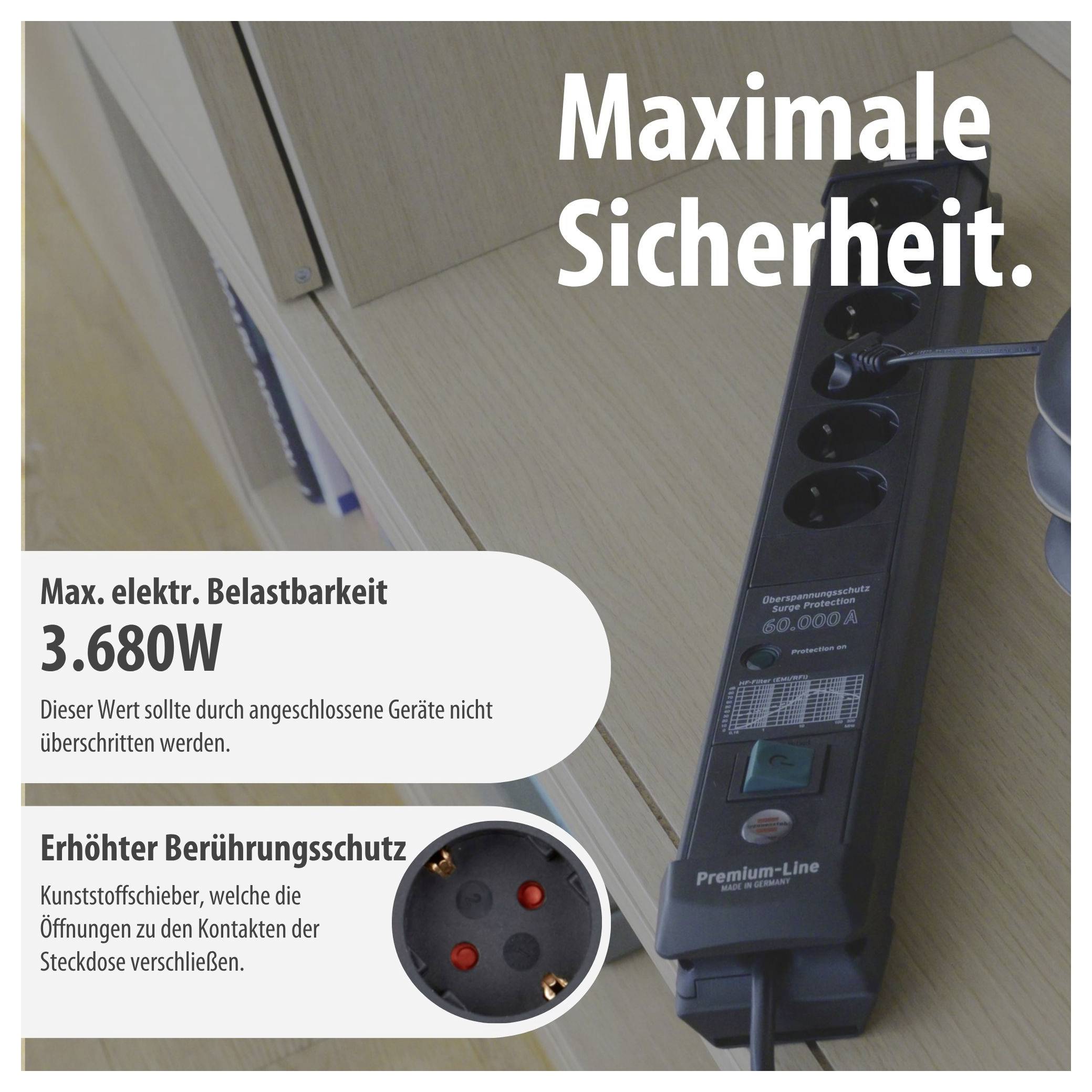 Werbung für eine Steckdosenleiste mit 'Maximale Sicherheit'; nennt 3.680 W maximale elektrische Belastbarkeit und erhöhten Berührungsschutz.<br>