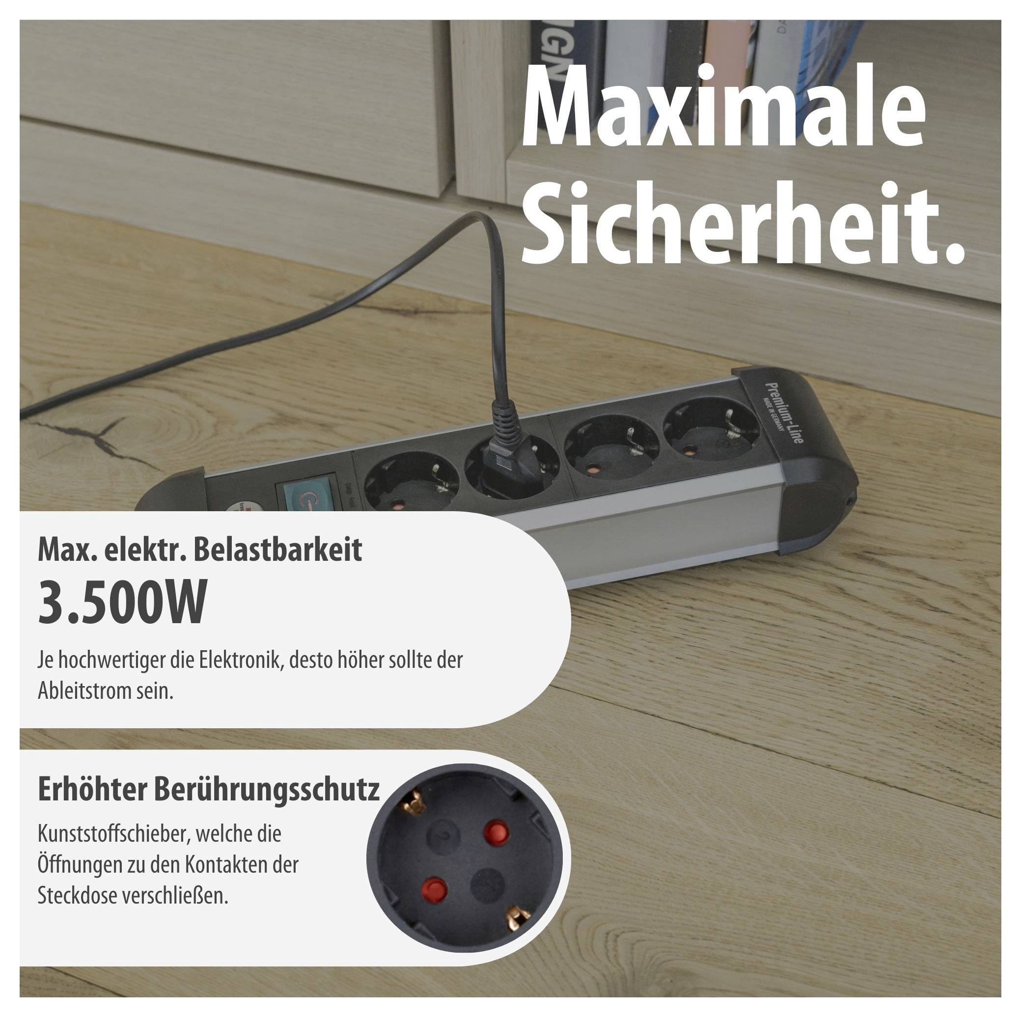 Werbegrafik einer Steckdosenleiste mit dem Text 'Maximale Sicherheit': maximale elektrische Belastbarkeit 3.500 W und erhöhter Berührungsschutz durch Kunststoffschieber.<br>