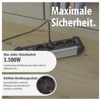 Werbegrafik einer Steckdosenleiste mit dem Text 'Maximale Sicherheit': maximale elektrische Belastbarkeit 3.500 W und erhöhter Berührungsschutz durch Kunststoffschieber.<br>