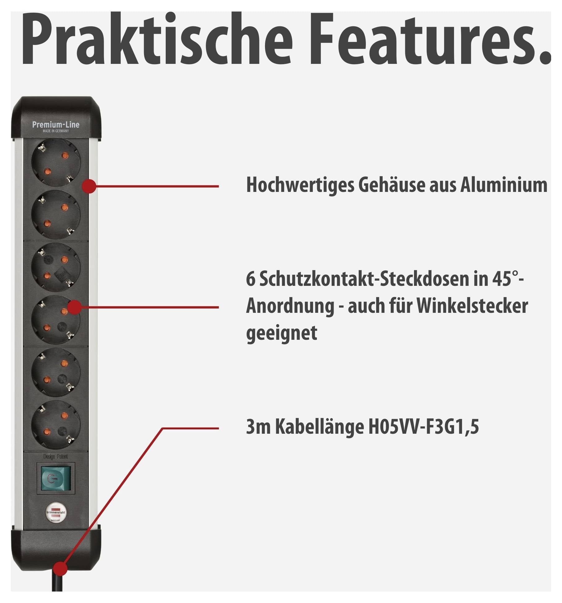Werbeabbildung einer Steckdosenleiste mit Titel 'Praktische Features.': Aluminiumgehäuse, 6 Schutzkontakt-Steckdosen in 45°-Anordnung und 3 m Kabel H05VV-F3G1,5.