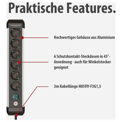 Werbeabbildung einer Steckdosenleiste mit Titel 'Praktische Features.': Aluminiumgehäuse, 6 Schutzkontakt-Steckdosen in 45°-Anordnung und 3 m Kabel H05VV-F3G1,5.
