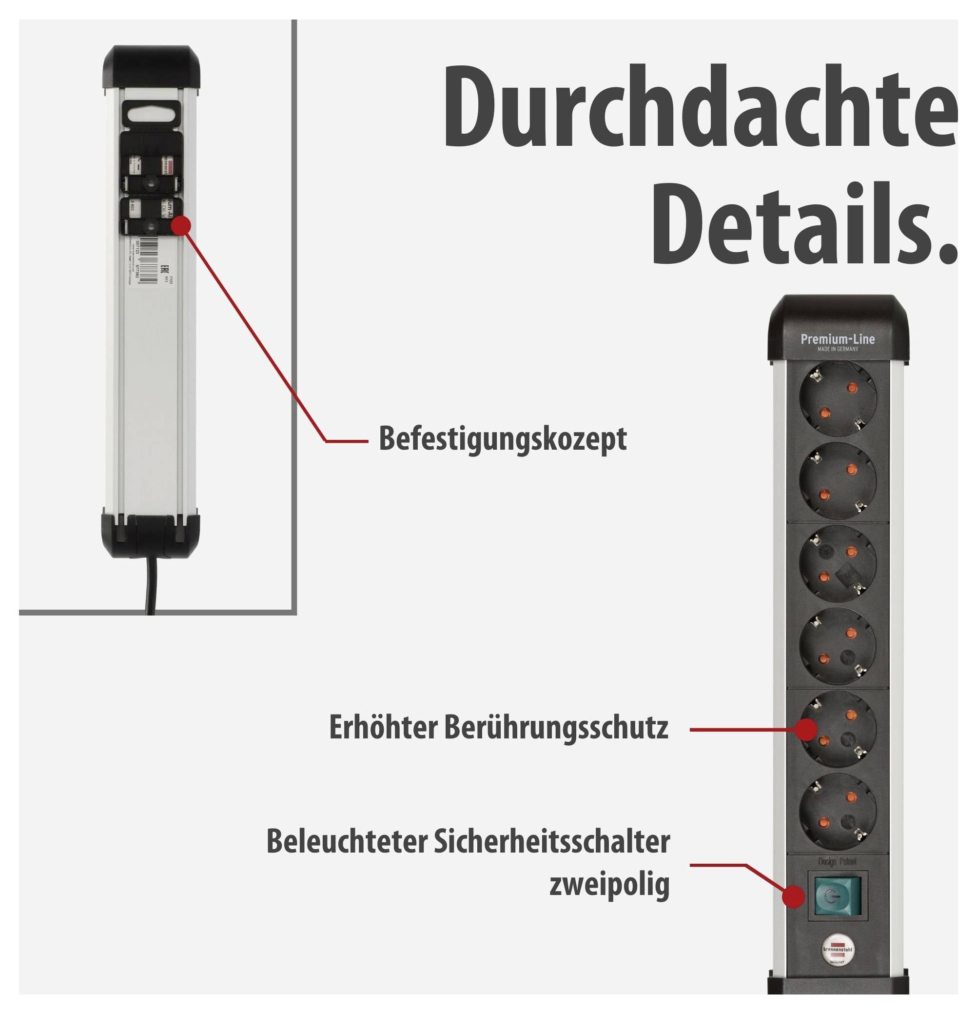 Werbegrafik einer Steckdosenleiste: links Befestigungskonzept, rechts Modell 'Premium-Line' mit erhöhter Berührungssicherheit und beleuchtetem zweipoligen Sicherheitsschalter.<br>