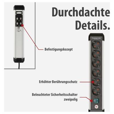 Werbegrafik einer Steckdosenleiste: links Befestigungskonzept, rechts Modell 'Premium-Line' mit erhöhter Berührungssicherheit und beleuchtetem zweipoligen Sicherheitsschalter.<br>