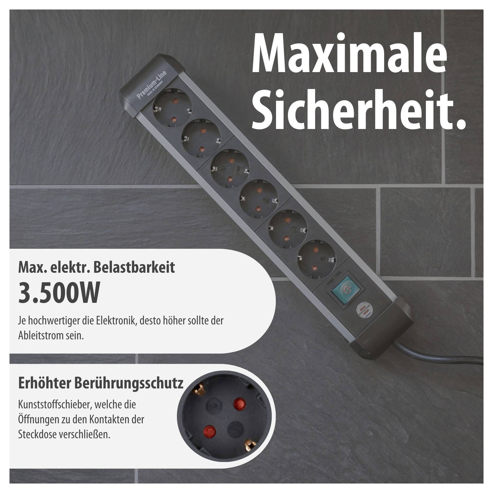 Werbung für eine Steckdosenleiste mit 'Maximale Sicherheit', 3.500W Belastbarkeit und erhöhtem Berührungsschutz durch Kunststoffschieber.