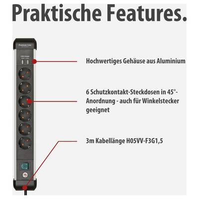 Werbung für Steckdosenleiste mit 'Praktische Features': Aluminiumgehäuse, 6 Schutzkontakt-Steckdosen in 45°-Anordnung und 3 m Kabellänge.<br>