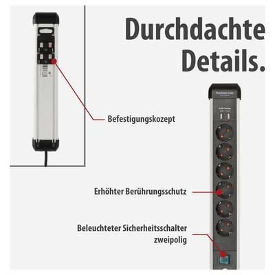 Produktwerbung für eine Steckdosenleiste mit hervorgehobenen Details: Befestigungskonzept, erhöhter Berührungsschutz und beleuchteter zweipoliger Sicherheitsschalter.