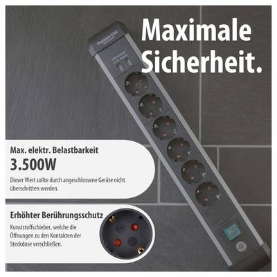 Werbeplakat einer Steckdosenleiste mit dem Slogan 'Maximale Sicherheit.'; hervorgehoben sind 3.500 W Belastbarkeit und erhöhter Berührungsschutz.