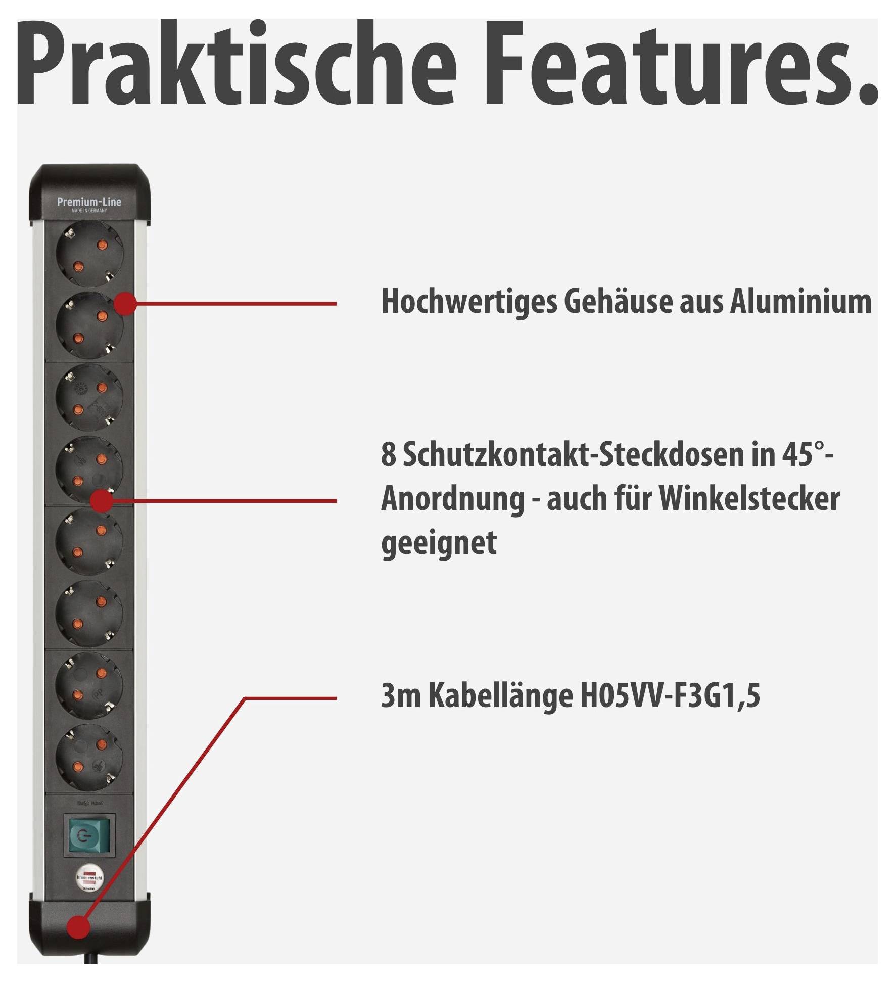 Werbegrafik einer Steckdosenleiste mit den Merkmalen: Aluminiumgehäuse, 8 Schutzkontakt-Steckdosen in 45°-Anordnung und 3 m Kabel H05VV-F3G1,5.