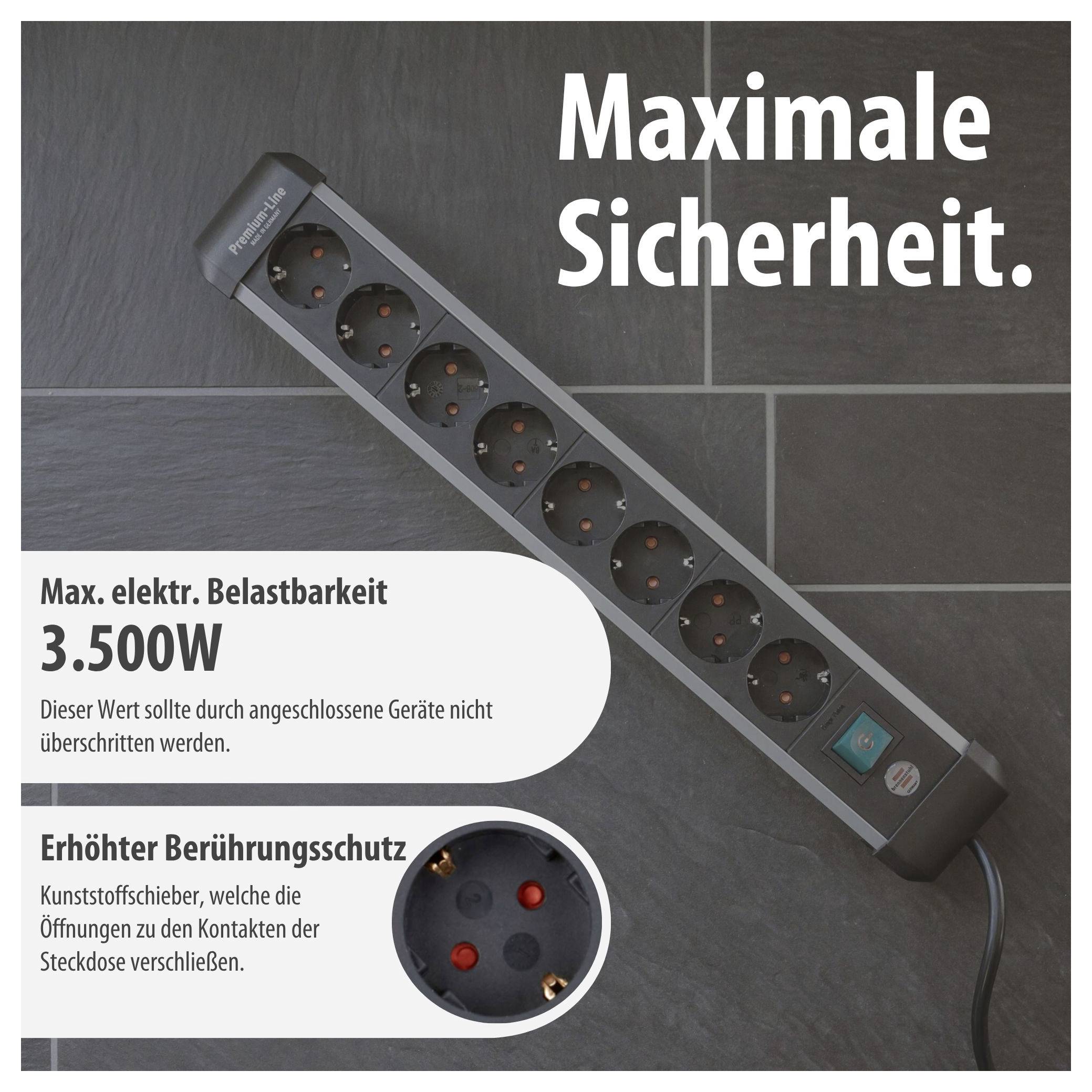 Werbeabbildung einer Steckdosenleiste mit neun Anschlüssen und Texten 'Maximale Sicherheit.', 'Max. elektr. Belastbarkeit 3.500W' und 'Erhöhter Berührungsschutz'.