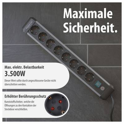 Werbeabbildung einer Steckdosenleiste mit neun Anschlüssen und Texten 'Maximale Sicherheit.', 'Max. elektr. Belastbarkeit 3.500W' und 'Erhöhter Berührungsschutz'.