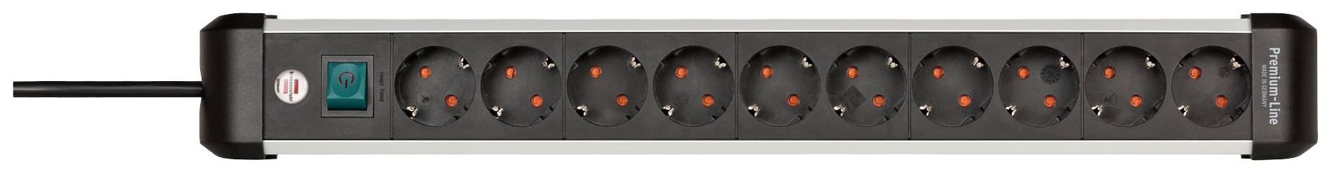 Steckdosenleiste mit zehn schwarzen Steckplätzen und einem leuchtendem grünen Schalter an der Seite, geeignet für mehrere Geräte.