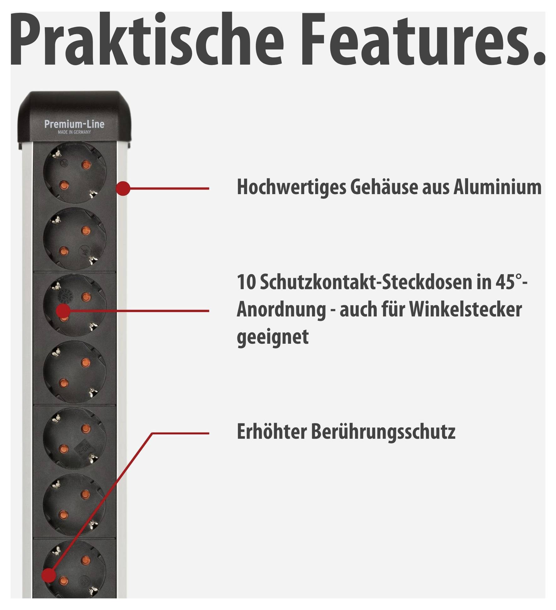 Werbegrafik einer Steckdosenleiste mit Titel 'Praktische Features.': Aluminiumgehäuse, 10 Schutzkontakt-Steckdosen in 45°-Anordnung und erhöhter Berührungsschutz.<br>