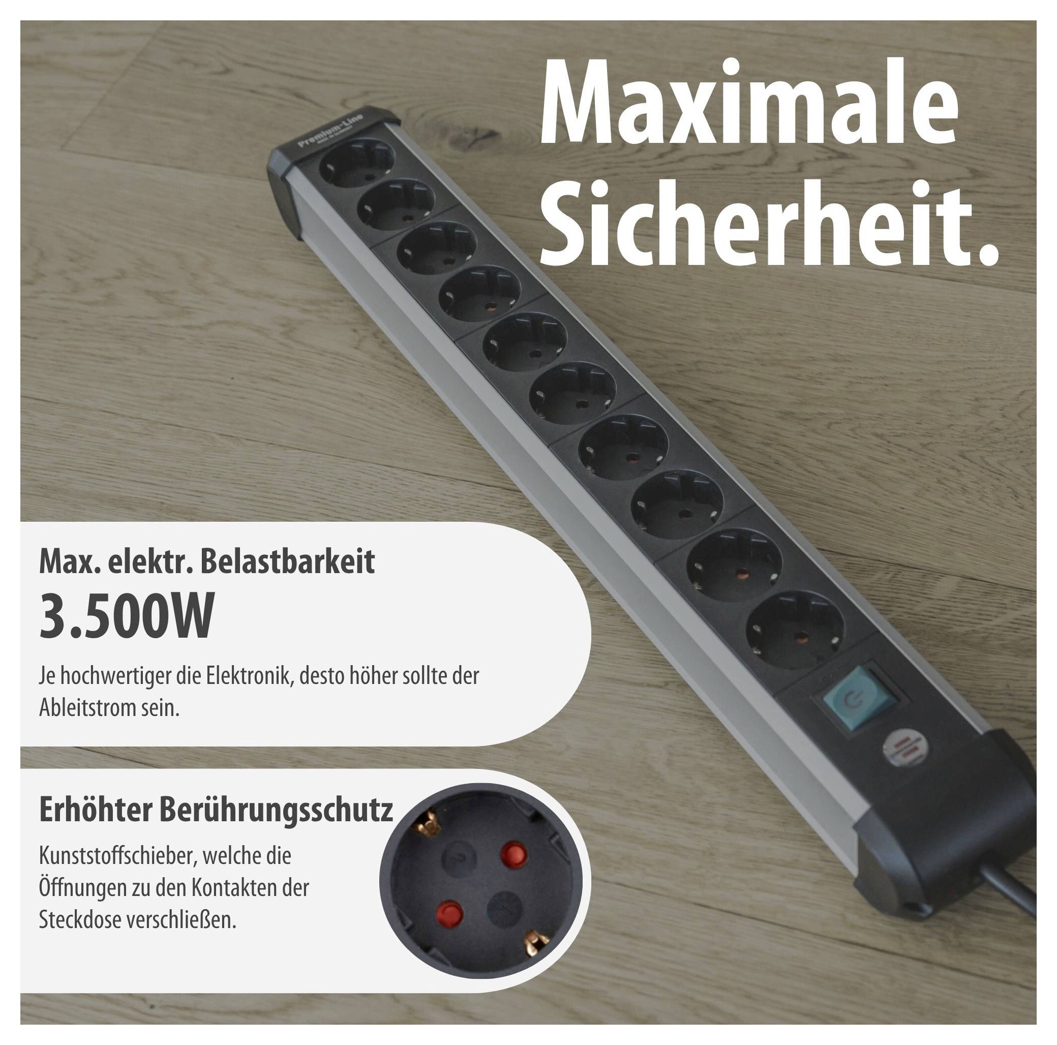 Werbung für Steckdosenleiste: 'Maximale Sicherheit', max. elektrische Belastbarkeit 3.500W, erhöhter Berührungsschutz durch Kindersicherungen.<br>