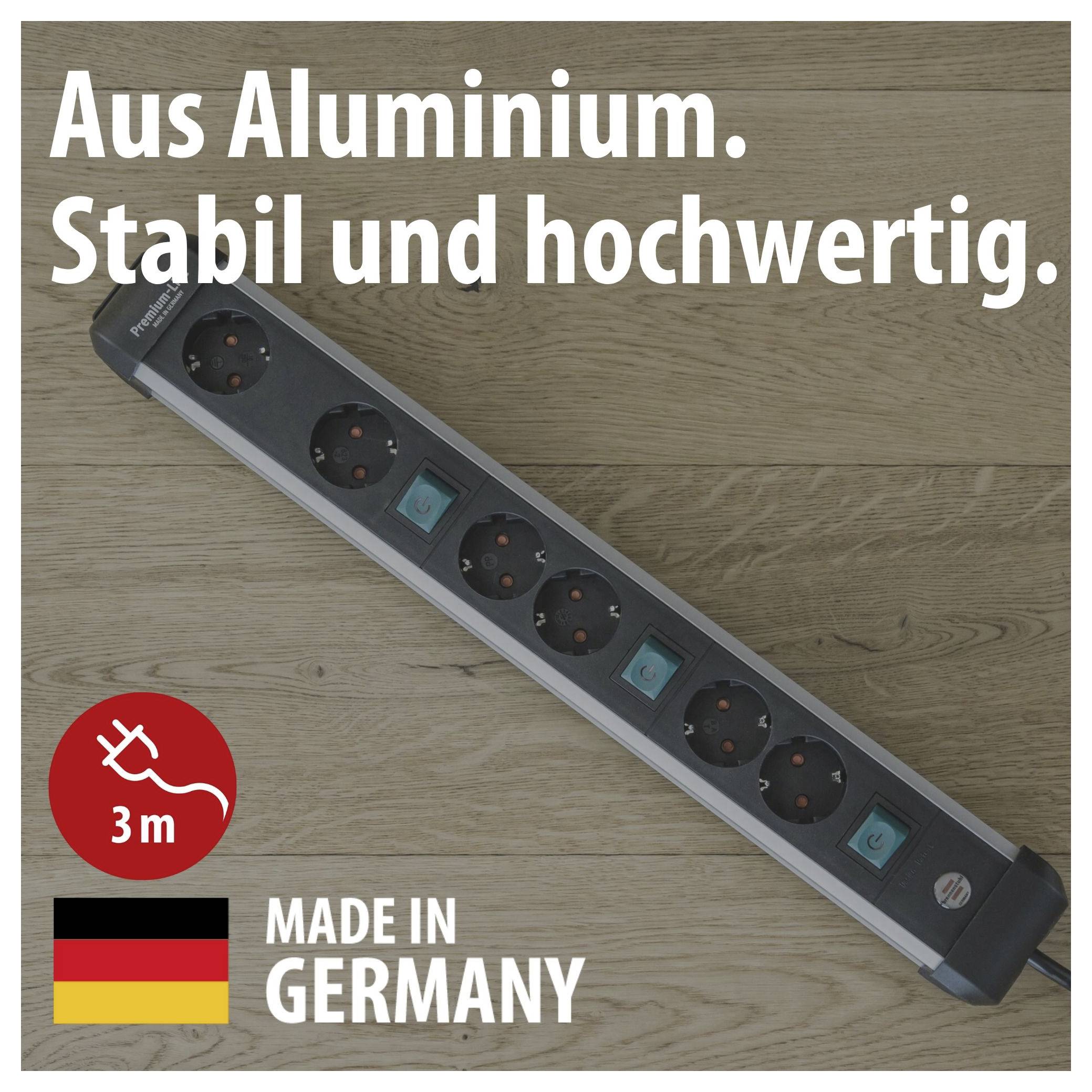 Aluminium-Steckdosenleiste auf Holzfläche mit Text 'Aus Aluminium. Stabil und hochwertig.', 3 m, 'Made in Germany'.