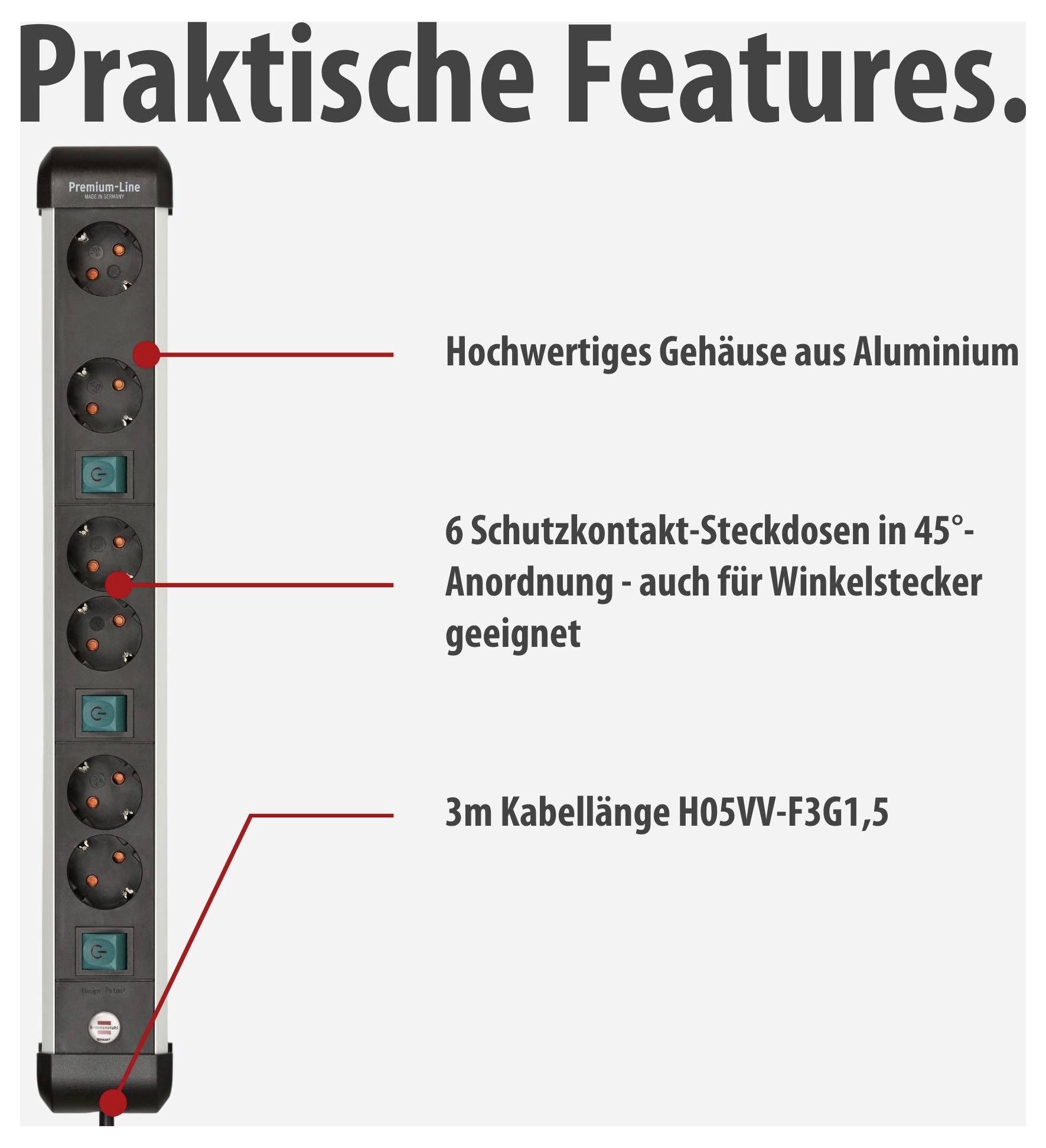 Produktgrafik einer Steckdosenleiste mit 'Praktische Features': Aluminiumgehäuse, 6 Schutzkontakt-Steckdosen in 45°-Anordnung und 3 m Kabellänge H05VV-F3G1,5.