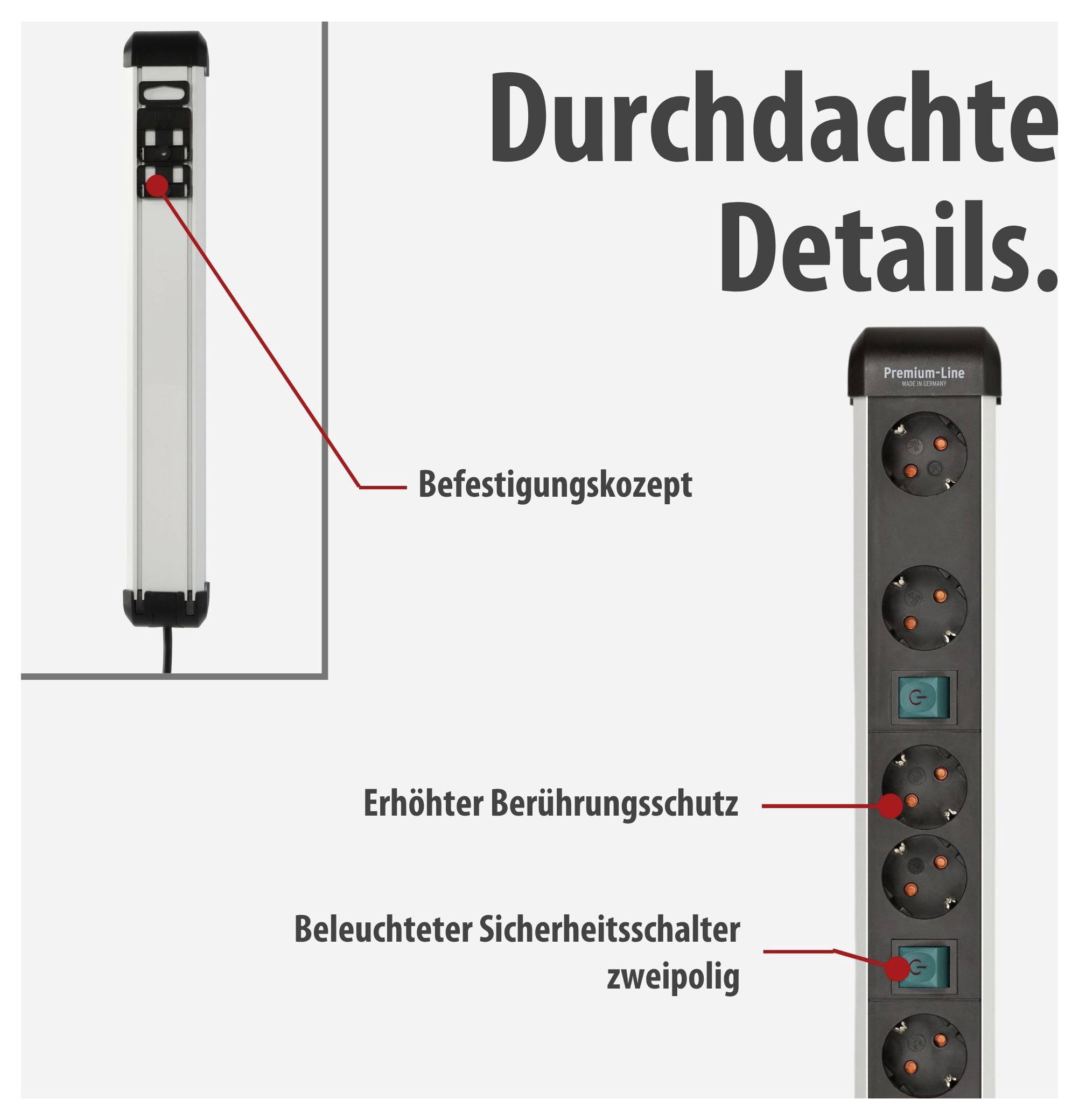 Werbegrafik einer Steckdosenleiste mit dem Titel 'Durchdachte Details': zeigt Befestigungskonzept, erhöhten Berührungsschutz und beleuchteten zweipoligen Sicherheitsschalter.<br>